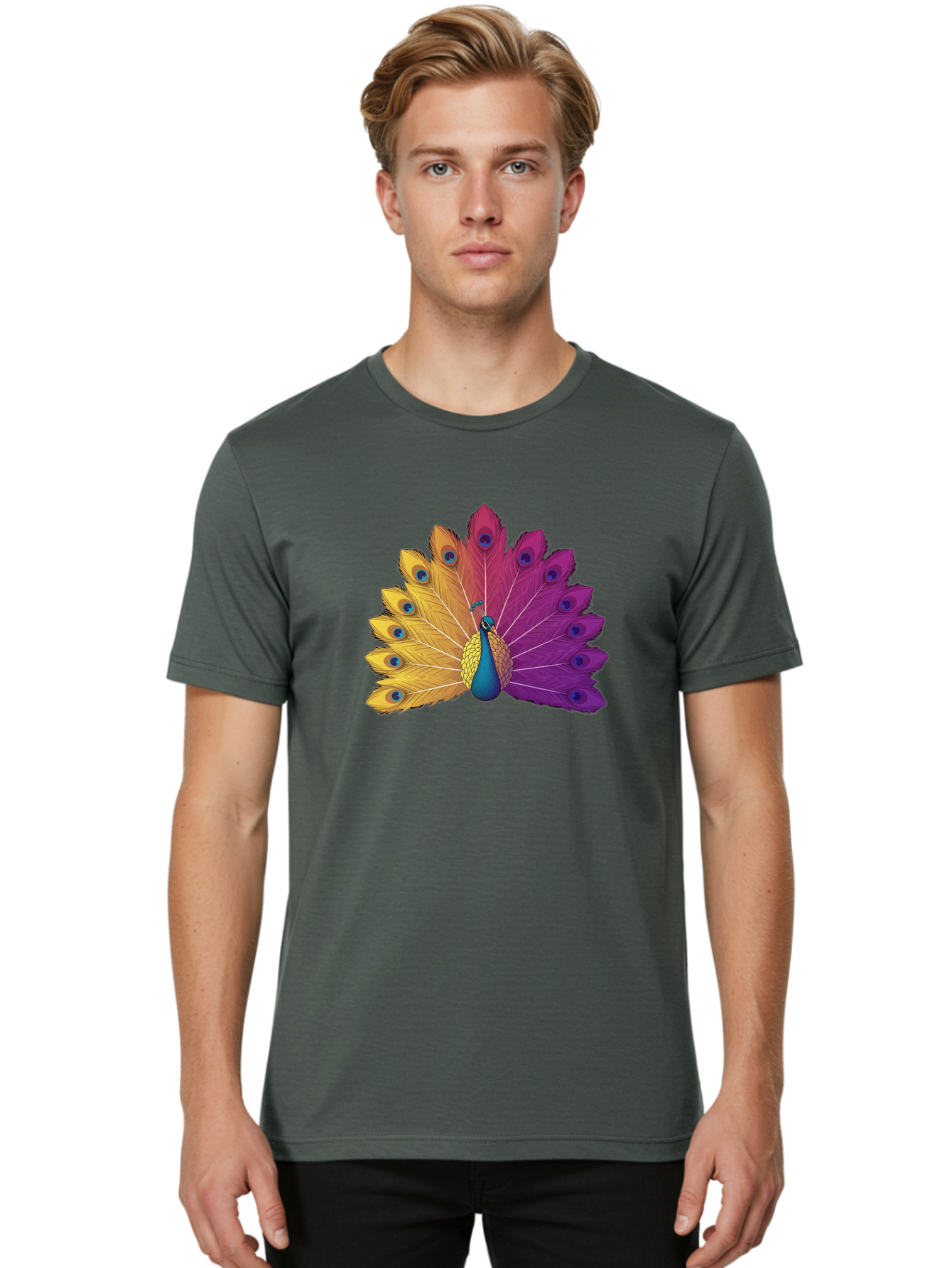 Peacock-28 Men'S Graphic Tee, 100% Cotton, Comfortable Casual Summer Wear, Machine Washable, Vibrant Peacock, Colorful Plumage, Blue Eyespots, Majestic Bird, Spread Feathers, Orange, Purple, And Yellow Hues, Exotic Beauty, Ornate Display, Bab090