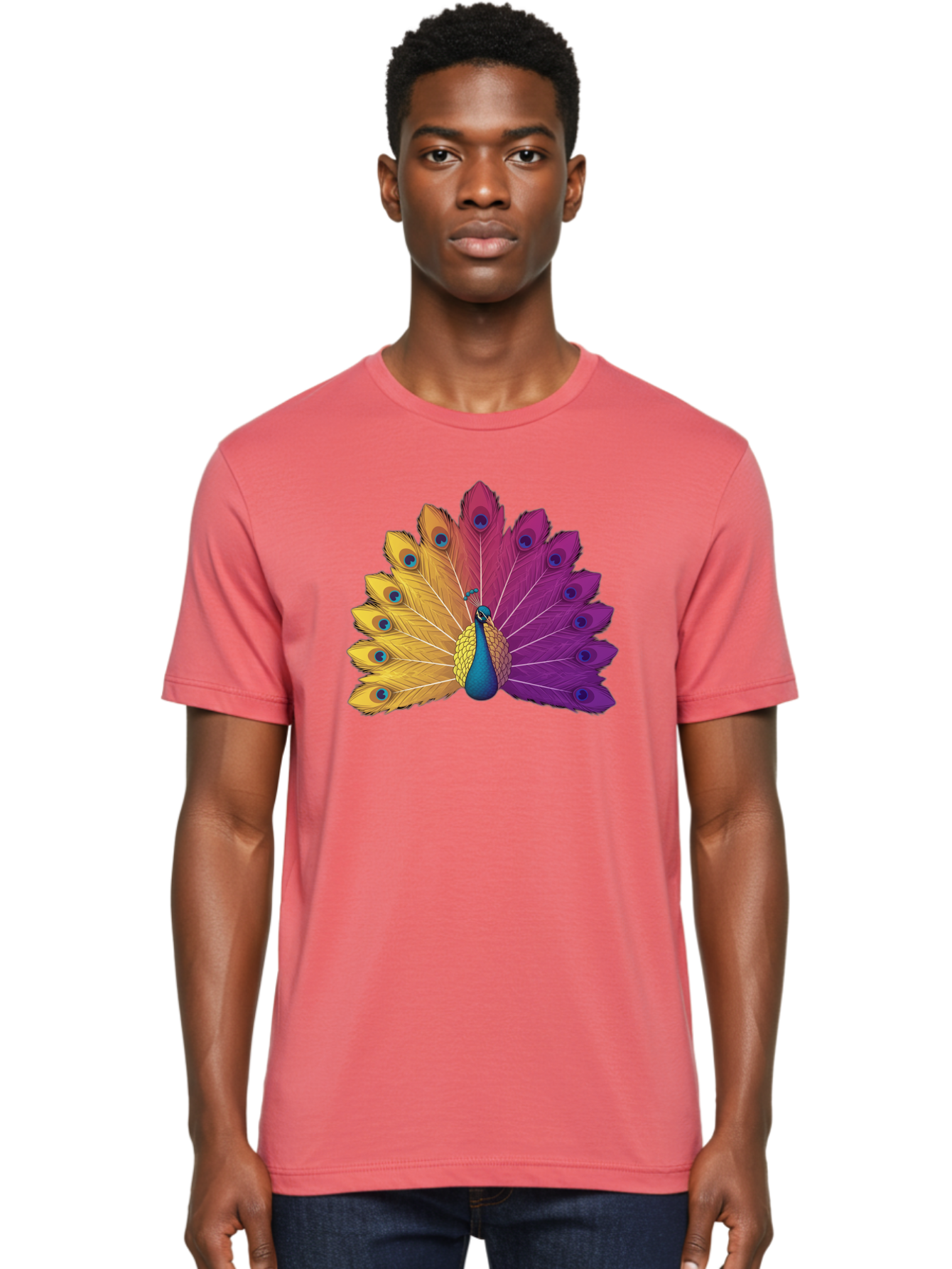 Peacock-28 Men'S Graphic Tee, 100% Cotton, Comfortable Casual Summer Wear, Machine Washable, Vibrant Peacock, Colorful Plumage, Blue Eyespots, Majestic Bird, Spread Feathers, Orange, Purple, And Yellow Hues, Exotic Beauty, Ornate Display, Bab090