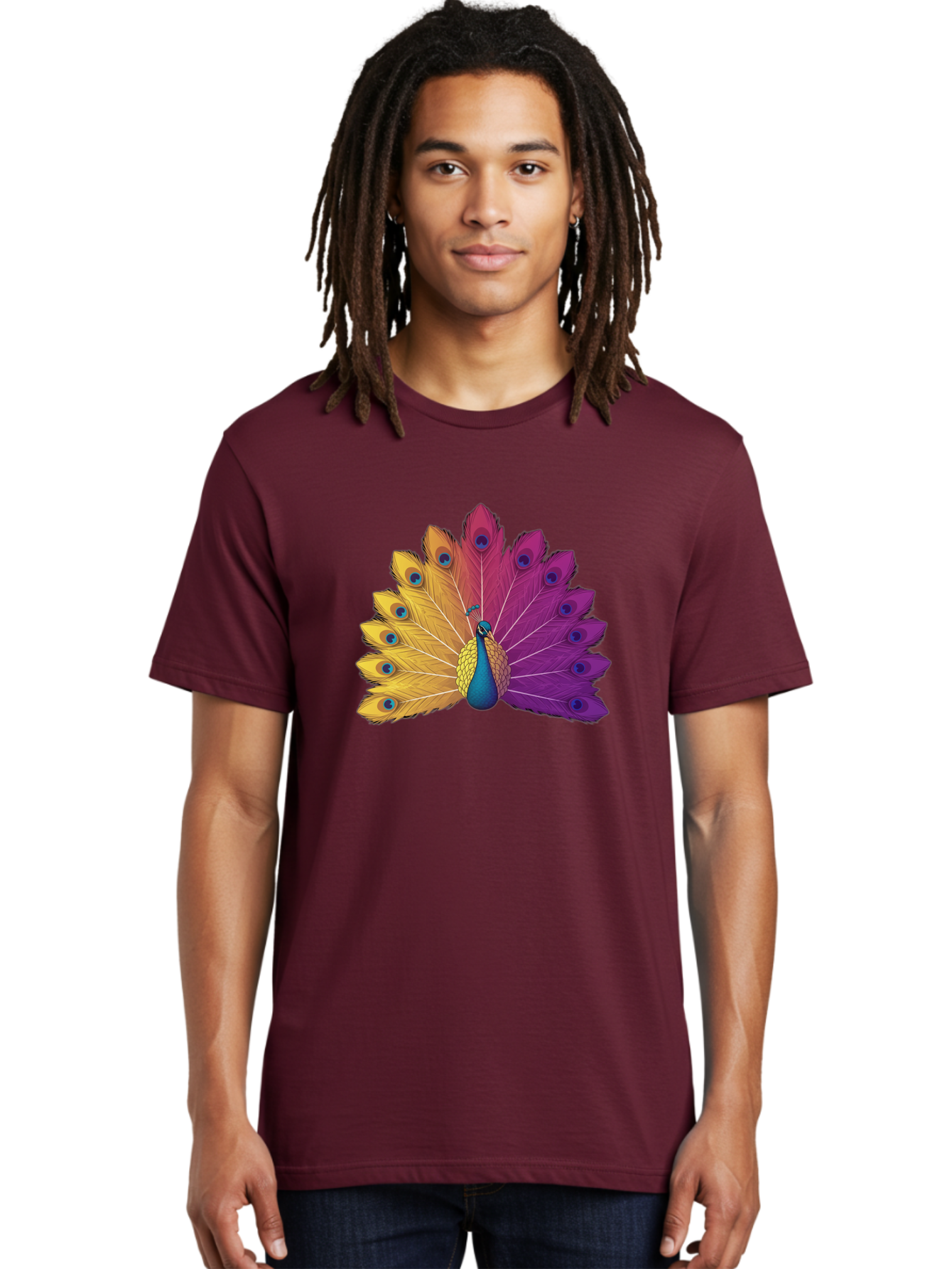 Peacock-28 Men'S Graphic Tee, 100% Cotton, Comfortable Casual Summer Wear, Machine Washable, Vibrant Peacock, Colorful Plumage, Blue Eyespots, Majestic Bird, Spread Feathers, Orange, Purple, And Yellow Hues, Exotic Beauty, Ornate Display, Bab090