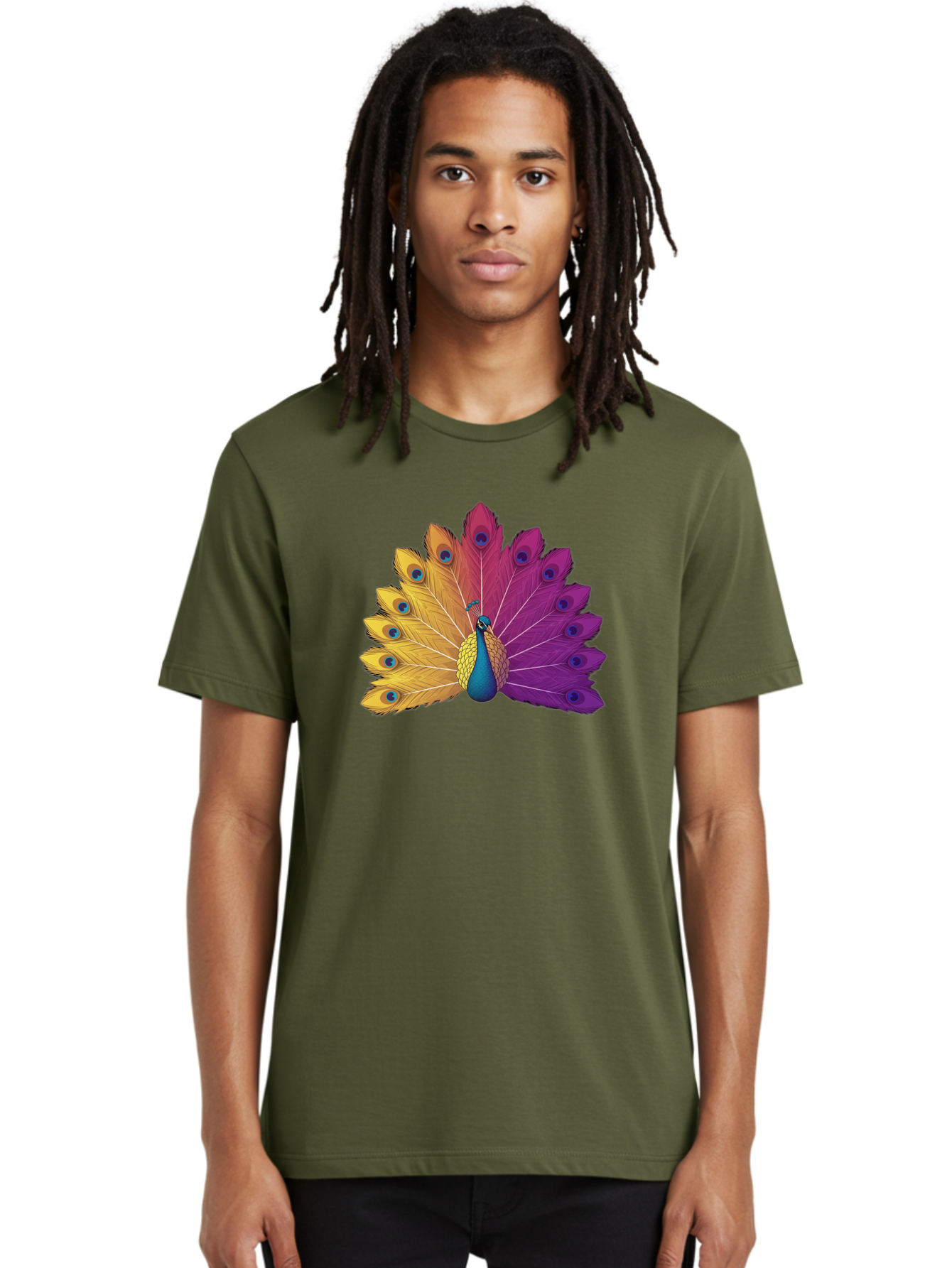Peacock-28 Men'S Graphic Tee, 100% Cotton, Comfortable Casual Summer Wear, Machine Washable, Vibrant Peacock, Colorful Plumage, Blue Eyespots, Majestic Bird, Spread Feathers, Orange, Purple, And Yellow Hues, Exotic Beauty, Ornate Display, Bab090