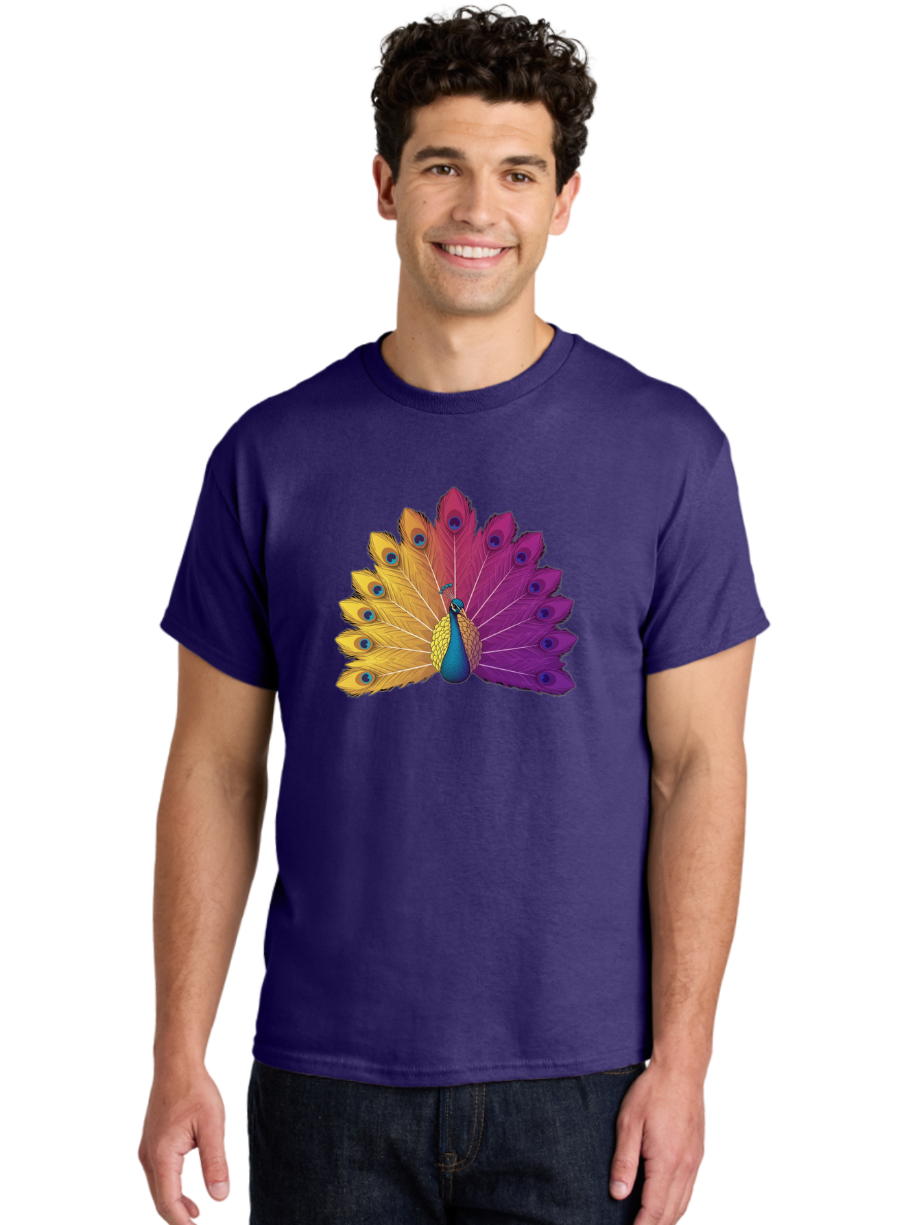 Peacock-28 Men'S Graphic Tee, 100% Cotton, Comfortable Casual Summer Wear, Machine Washable, Vibrant Peacock, Colorful Plumage, Blue Eyespots, Majestic Bird, Spread Feathers, Orange, Purple, And Yellow Hues, Exotic Beauty, Ornate Display, Bab090