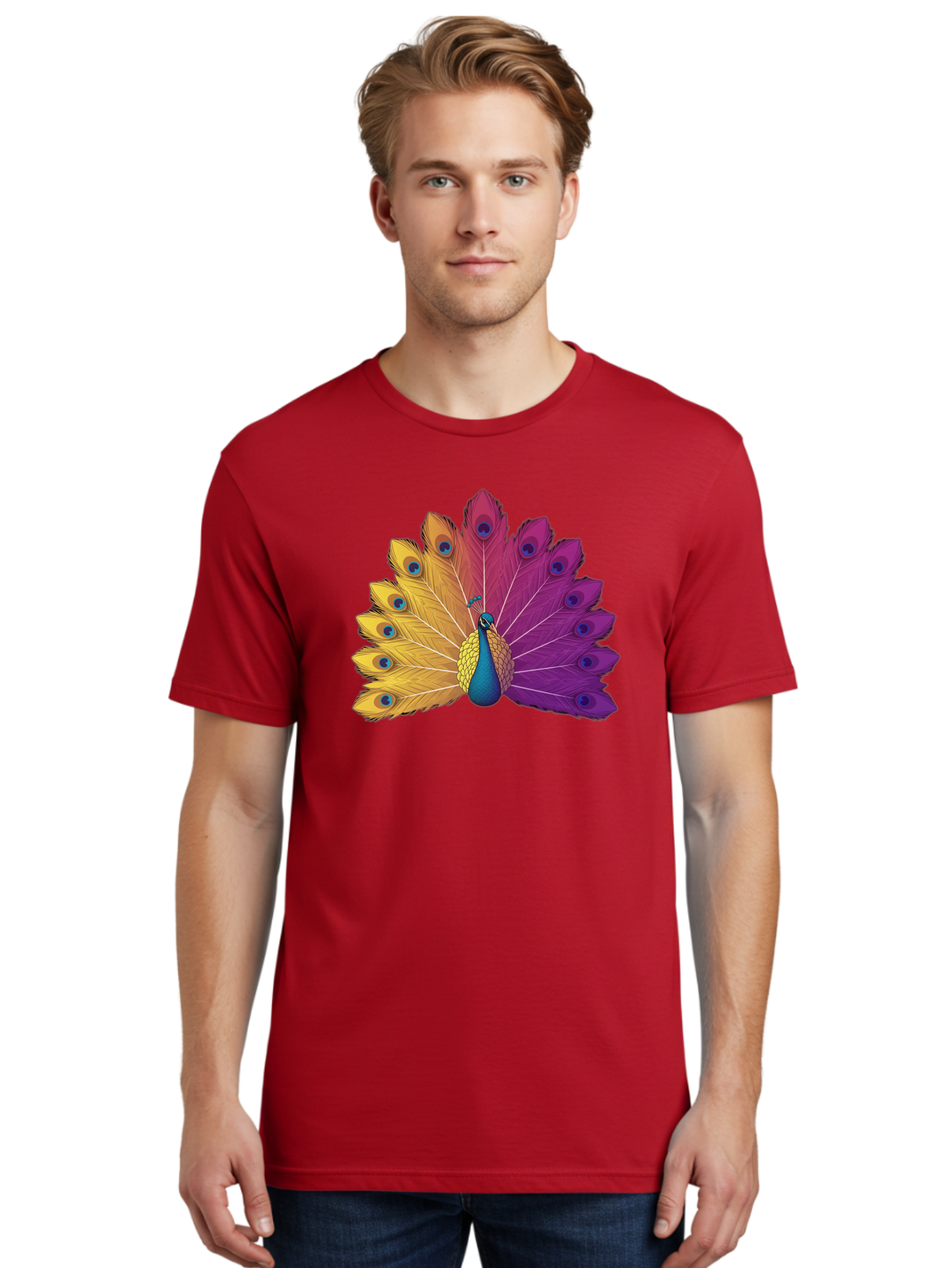 Peacock-28 Men'S Graphic Tee, 100% Cotton, Comfortable Casual Summer Wear, Machine Washable, Vibrant Peacock, Colorful Plumage, Blue Eyespots, Majestic Bird, Spread Feathers, Orange, Purple, And Yellow Hues, Exotic Beauty, Ornate Display, Bab090