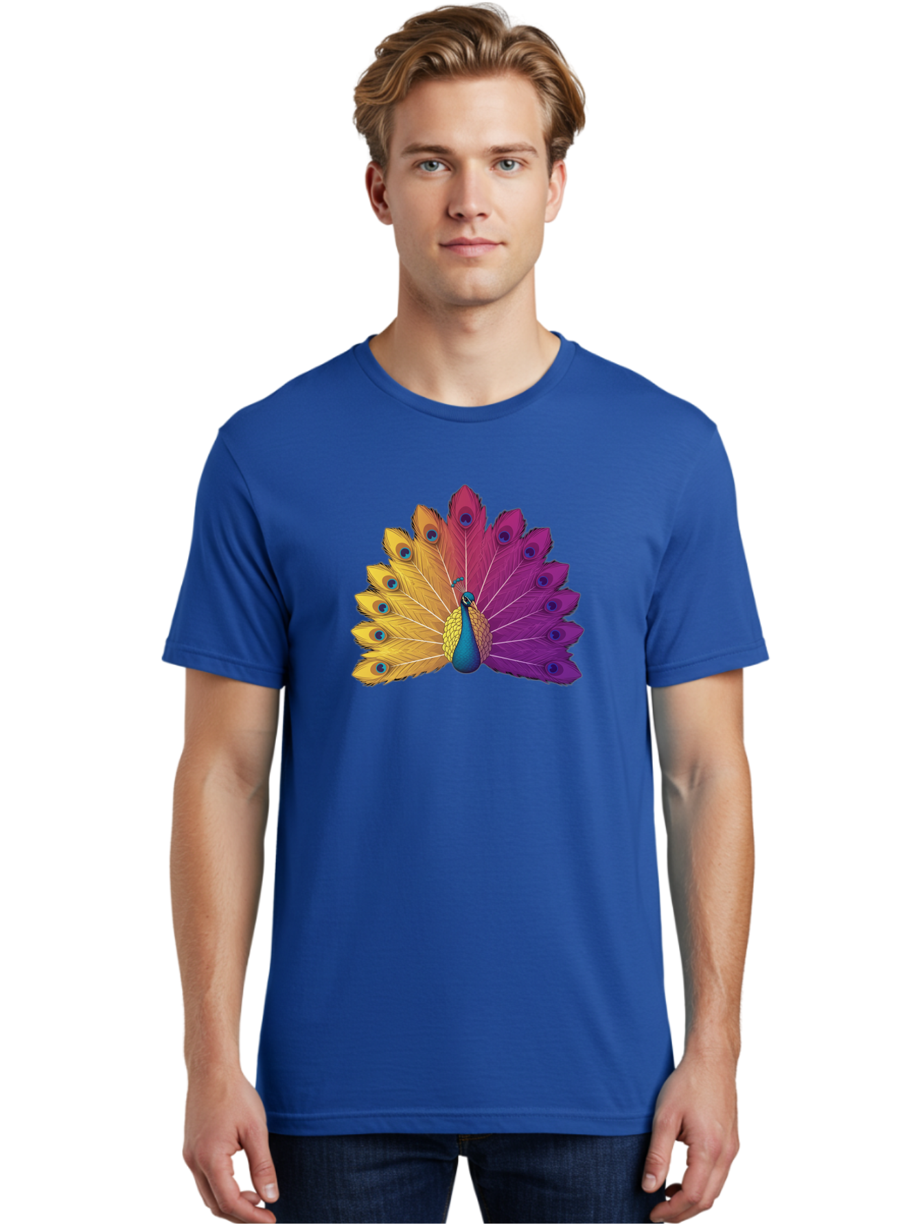 Peacock-28 Men'S Graphic Tee, 100% Cotton, Comfortable Casual Summer Wear, Machine Washable, Vibrant Peacock, Colorful Plumage, Blue Eyespots, Majestic Bird, Spread Feathers, Orange, Purple, And Yellow Hues, Exotic Beauty, Ornate Display, Bab090