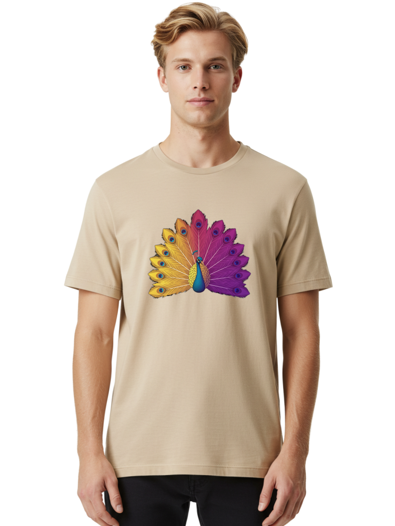 Peacock-28 Men'S Graphic Tee, 100% Cotton, Comfortable Casual Summer Wear, Machine Washable, Vibrant Peacock, Colorful Plumage, Blue Eyespots, Majestic Bird, Spread Feathers, Orange, Purple, And Yellow Hues, Exotic Beauty, Ornate Display, Bab090
