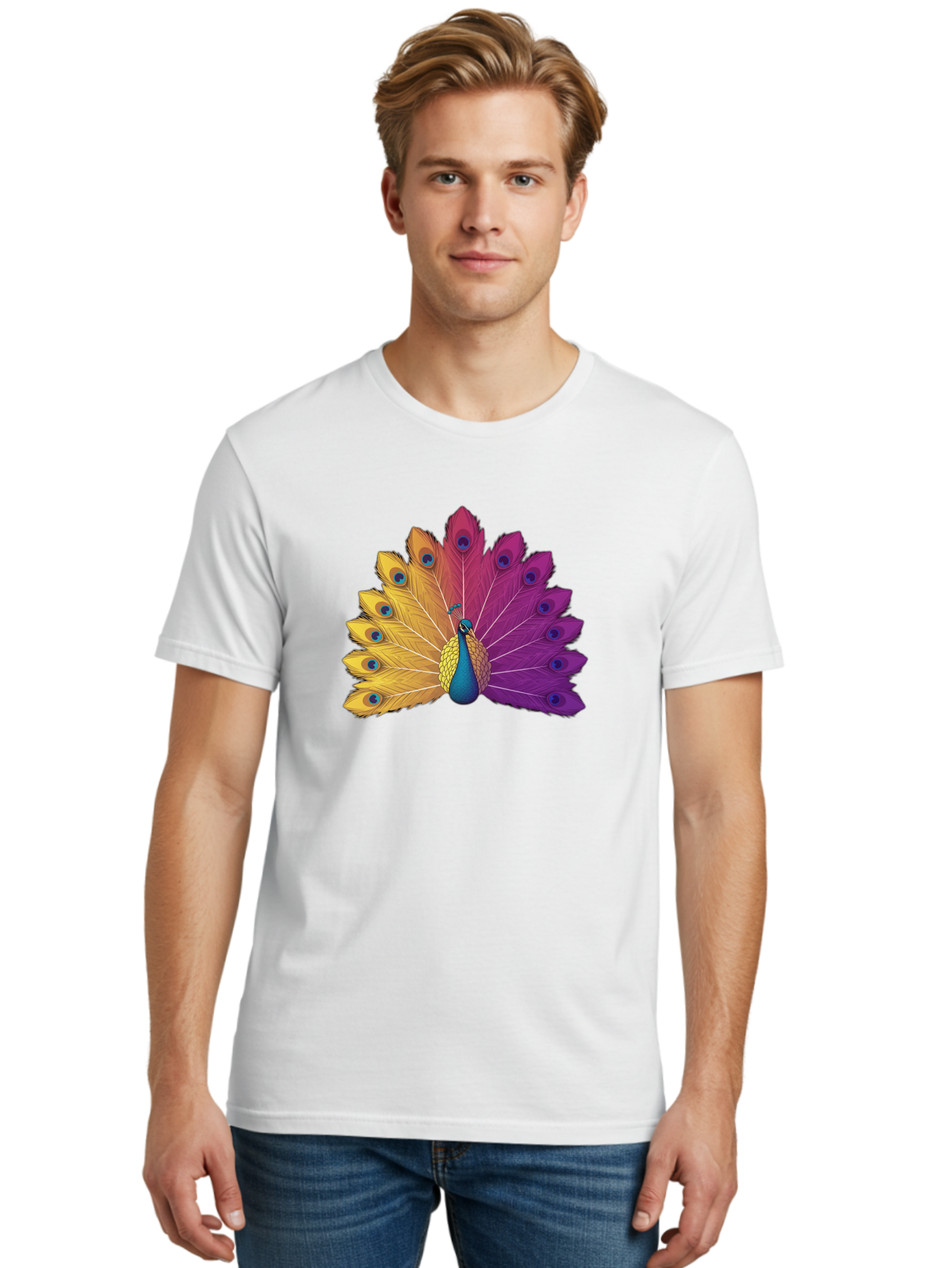 Peacock-28 Men'S Graphic Tee, 100% Cotton, Comfortable Casual Summer Wear, Machine Washable, Vibrant Peacock, Colorful Plumage, Blue Eyespots, Majestic Bird, Spread Feathers, Orange, Purple, And Yellow Hues, Exotic Beauty, Ornate Display, Bab090