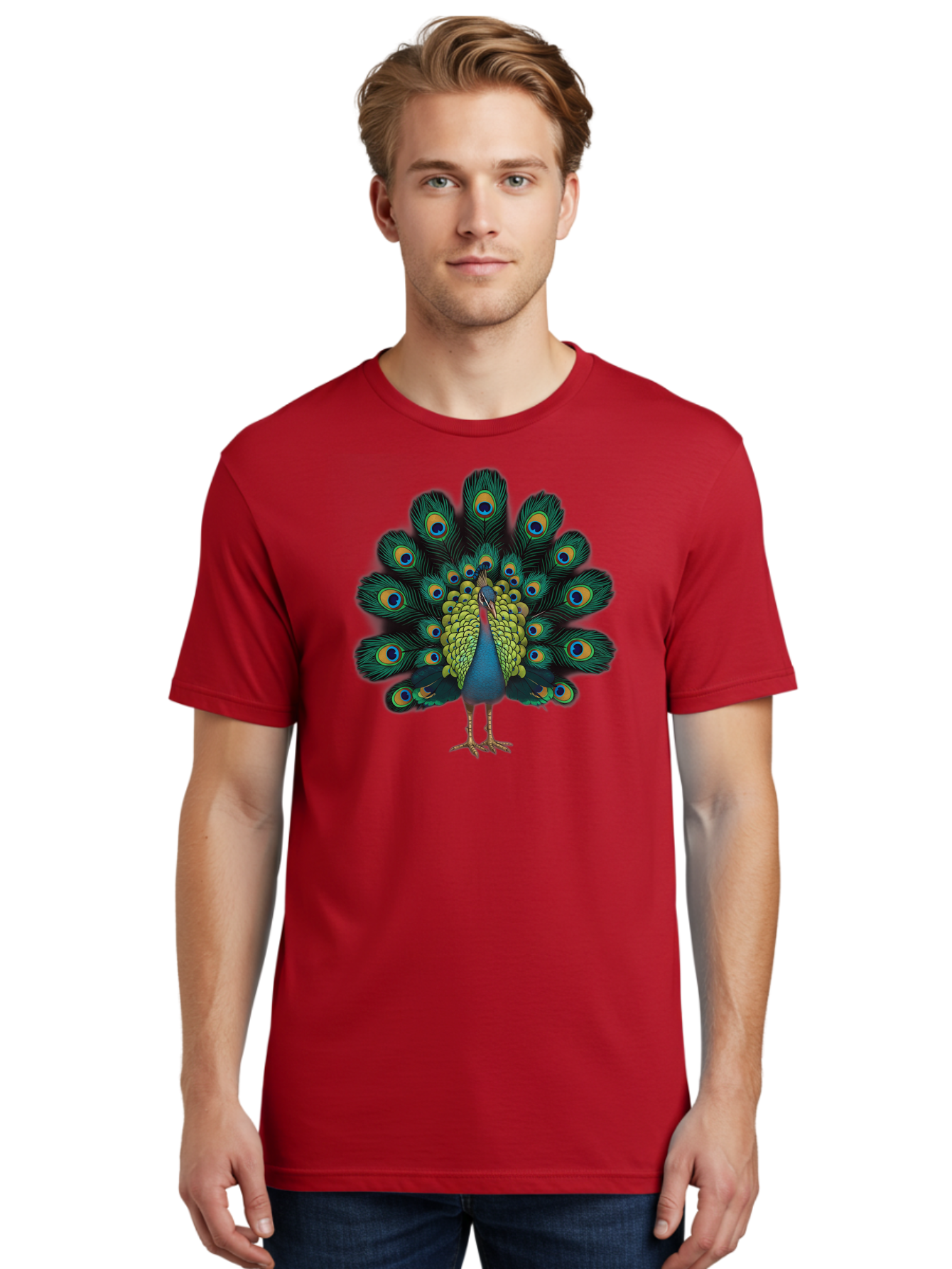 Peacock-29 Men'S Graphic Tee, 100% Cotton, Comfortable Casual Summer Wear, Machine Washable, Peacock Spreading Its Feathers, Vibrant Plumage, Blue And Gold Eye Spots, Turquoise Body, Majestic Bird, Exotic Beauty, Colorful Display, Bab091
