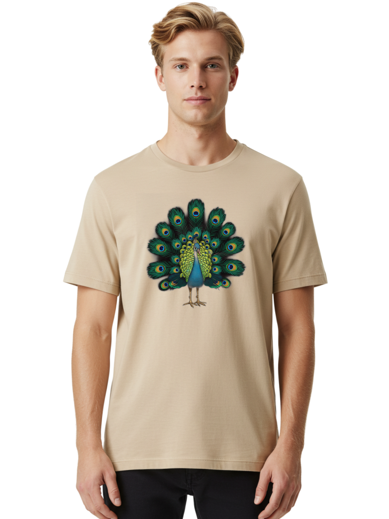 Peacock-29 Men'S Graphic Tee, 100% Cotton, Comfortable Casual Summer Wear, Machine Washable, Peacock Spreading Its Feathers, Vibrant Plumage, Blue And Gold Eye Spots, Turquoise Body, Majestic Bird, Exotic Beauty, Colorful Display, Bab091