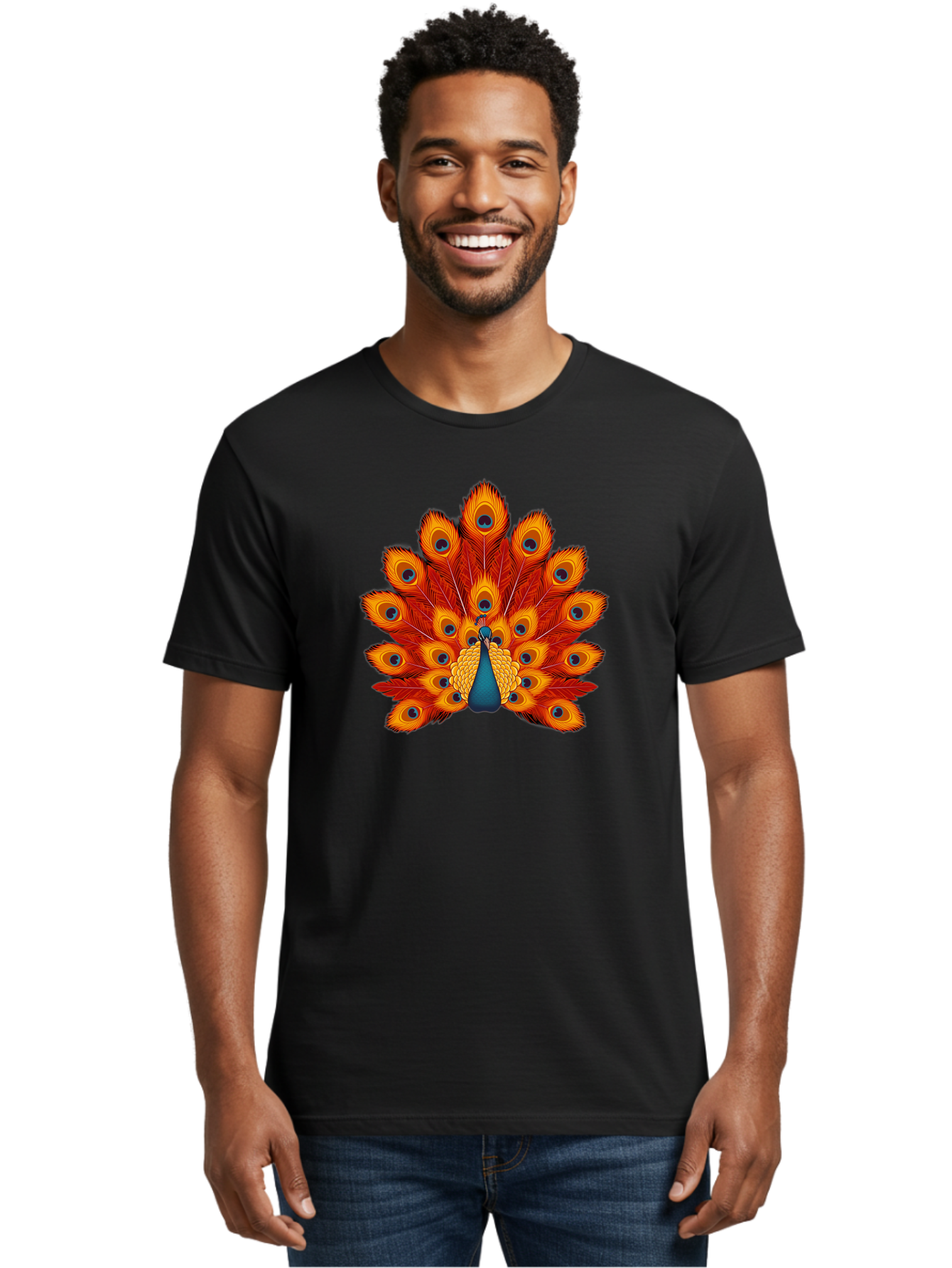 Peacock-32 Men'S Graphic Tee, 100% Cotton, Comfortable Casual Summer Wear, Machine Washable, Peacock Feathers, Vibrant Colors, Iridescent Blues, Orange And Yellow Hues, Eye-Catching Pattern, Exotic Bird, Majestic Plumage, Eye Spots, Bab095