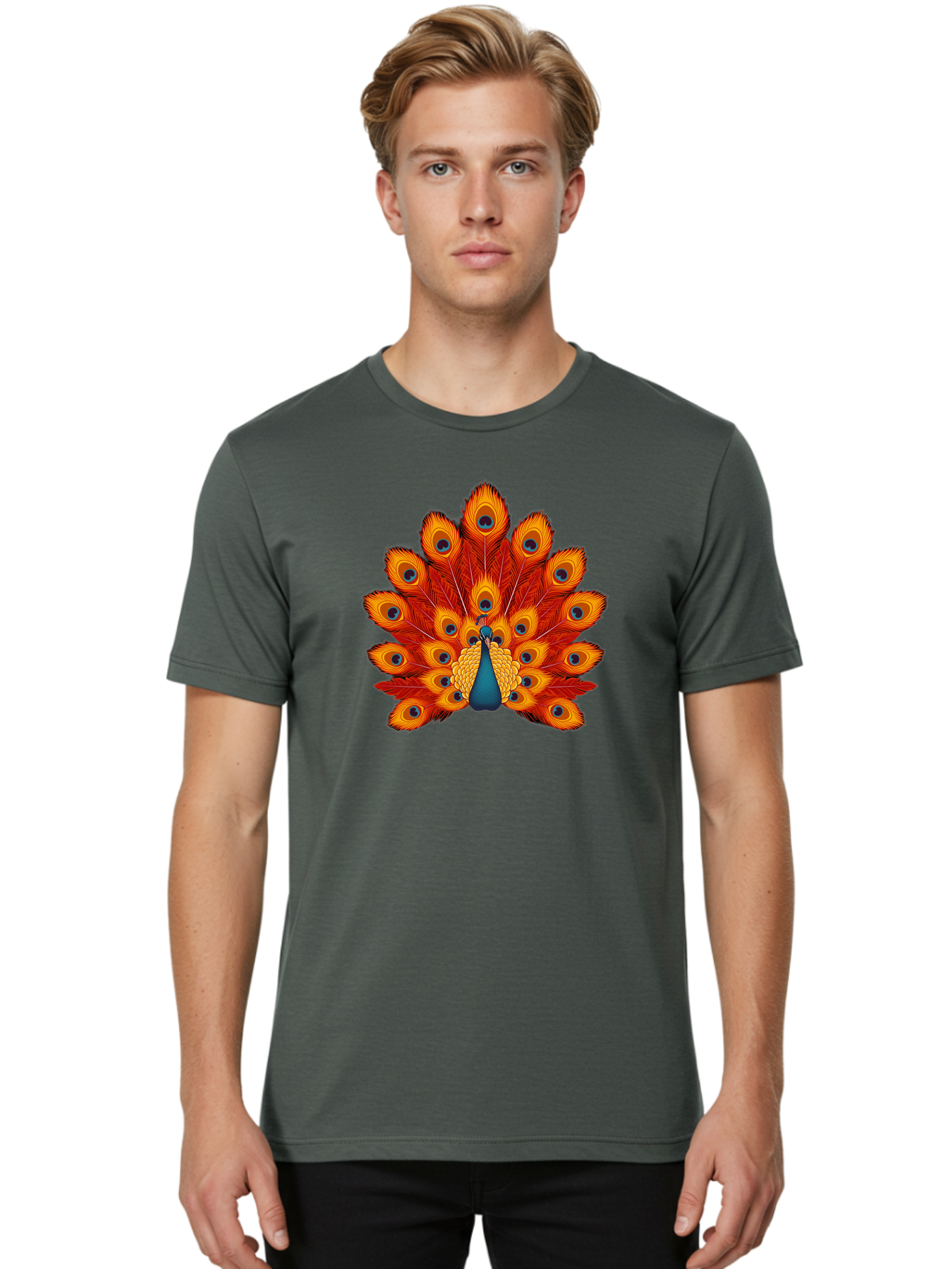 Peacock-32 Men'S Graphic Tee, 100% Cotton, Comfortable Casual Summer Wear, Machine Washable, Peacock Feathers, Vibrant Colors, Iridescent Blues, Orange And Yellow Hues, Eye-Catching Pattern, Exotic Bird, Majestic Plumage, Eye Spots, Bab095