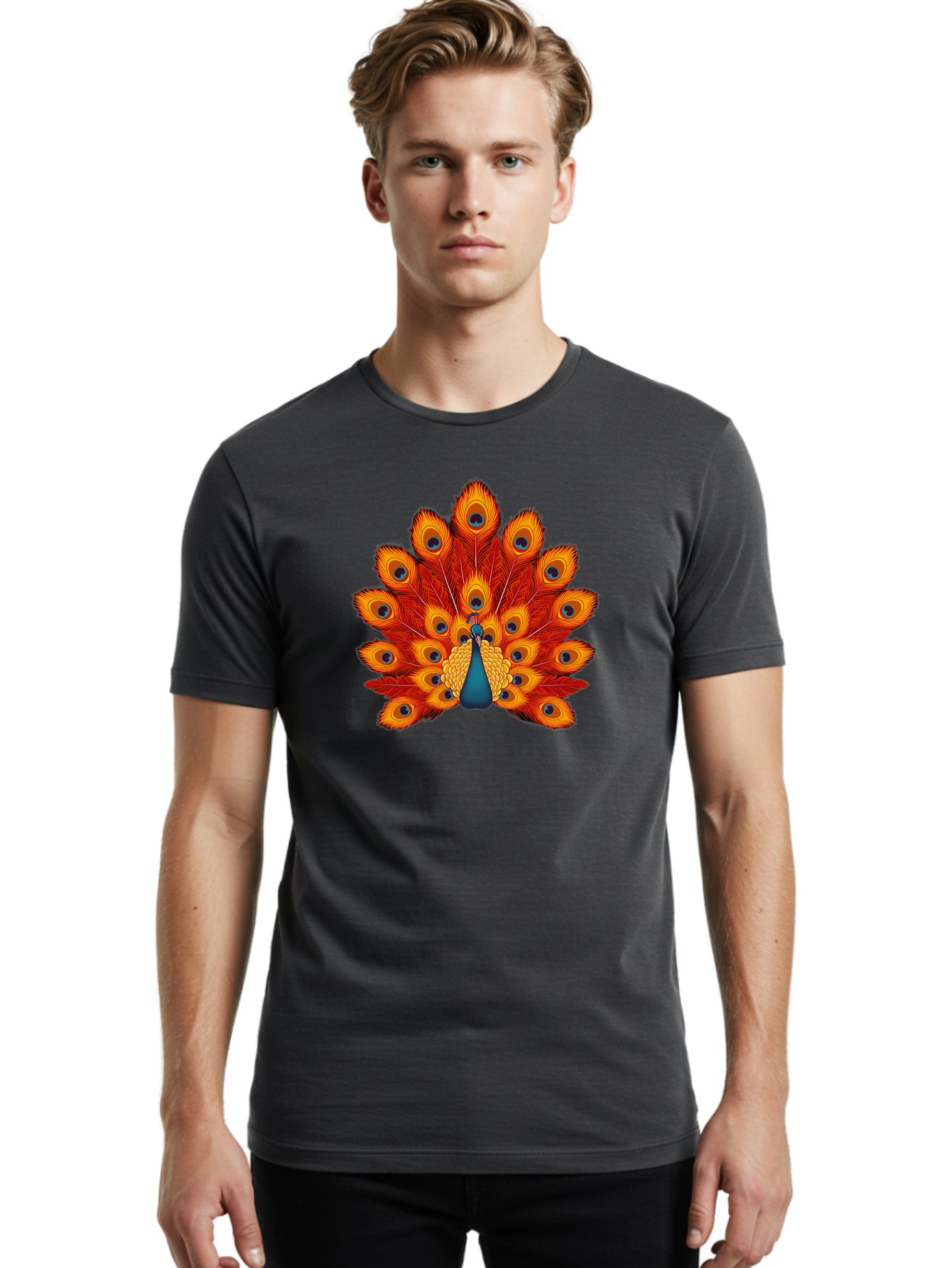 Peacock-32 Men'S Graphic Tee, 100% Cotton, Comfortable Casual Summer Wear, Machine Washable, Peacock Feathers, Vibrant Colors, Iridescent Blues, Orange And Yellow Hues, Eye-Catching Pattern, Exotic Bird, Majestic Plumage, Eye Spots, Bab095
