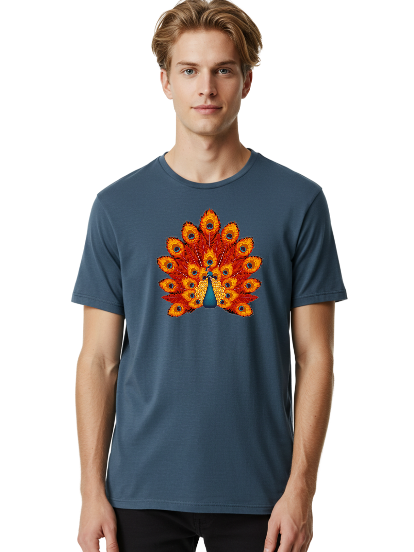 Peacock-32 Men'S Graphic Tee, 100% Cotton, Comfortable Casual Summer Wear, Machine Washable, Peacock Feathers, Vibrant Colors, Iridescent Blues, Orange And Yellow Hues, Eye-Catching Pattern, Exotic Bird, Majestic Plumage, Eye Spots, Bab095