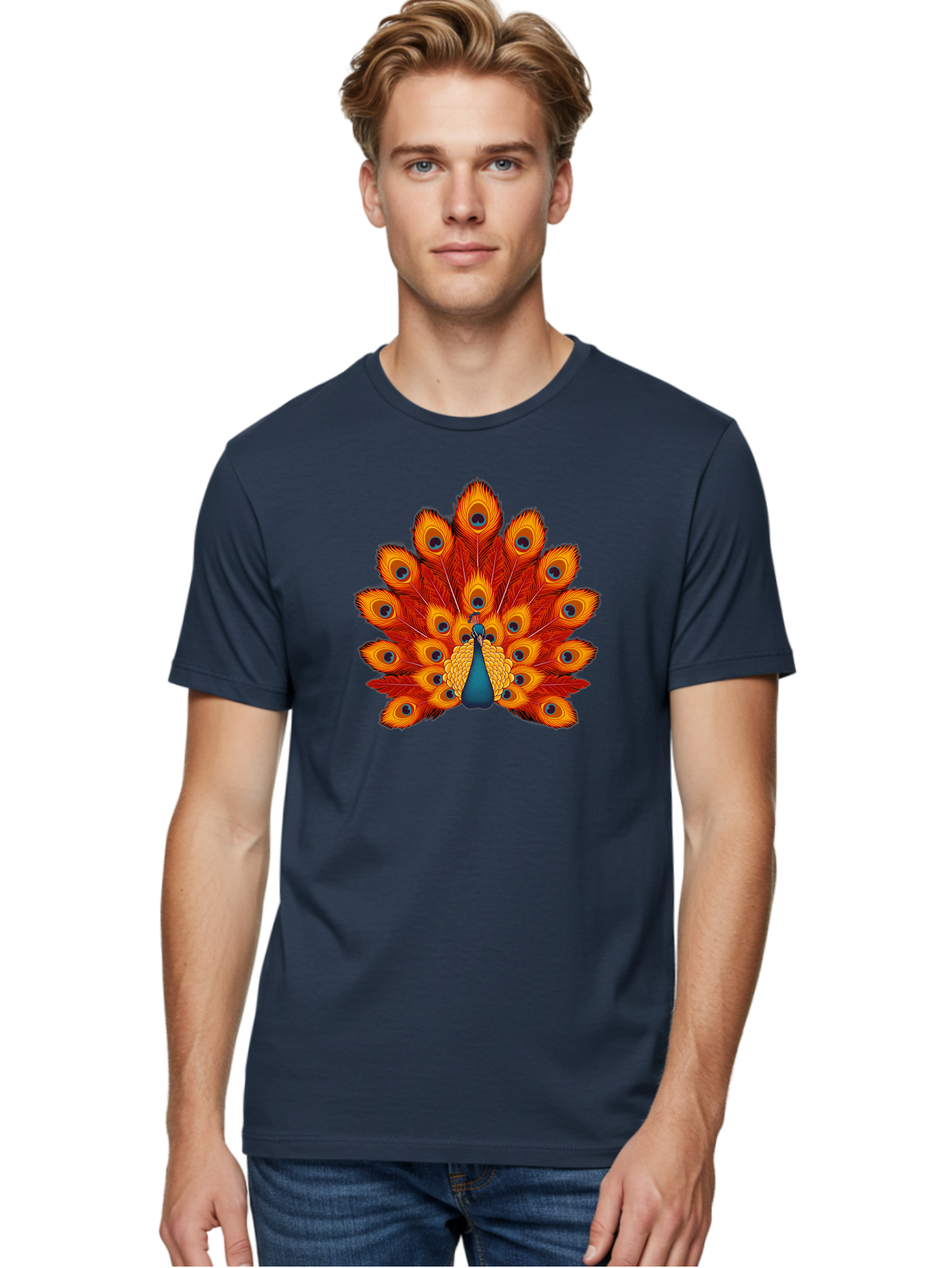 Peacock-32 Men'S Graphic Tee, 100% Cotton, Comfortable Casual Summer Wear, Machine Washable, Peacock Feathers, Vibrant Colors, Iridescent Blues, Orange And Yellow Hues, Eye-Catching Pattern, Exotic Bird, Majestic Plumage, Eye Spots, Bab095