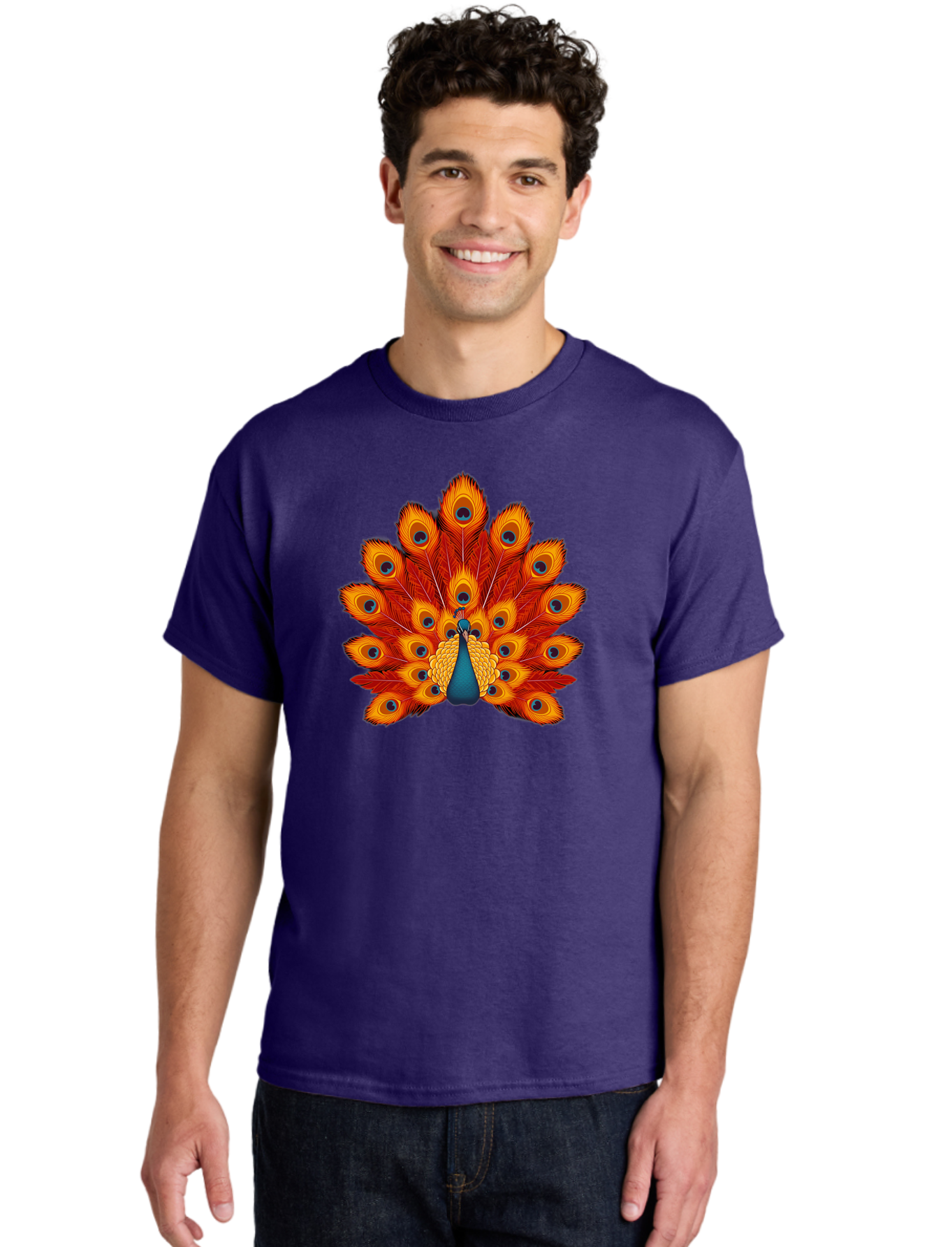 Peacock-32 Men'S Graphic Tee, 100% Cotton, Comfortable Casual Summer Wear, Machine Washable, Peacock Feathers, Vibrant Colors, Iridescent Blues, Orange And Yellow Hues, Eye-Catching Pattern, Exotic Bird, Majestic Plumage, Eye Spots, Bab095