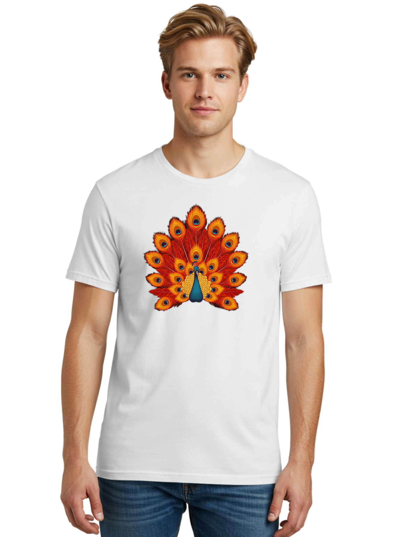 Peacock-32 Men'S Graphic Tee, 100% Cotton, Comfortable Casual Summer Wear, Machine Washable, Peacock Feathers, Vibrant Colors, Iridescent Blues, Orange And Yellow Hues, Eye-Catching Pattern, Exotic Bird, Majestic Plumage, Eye Spots, Bab095
