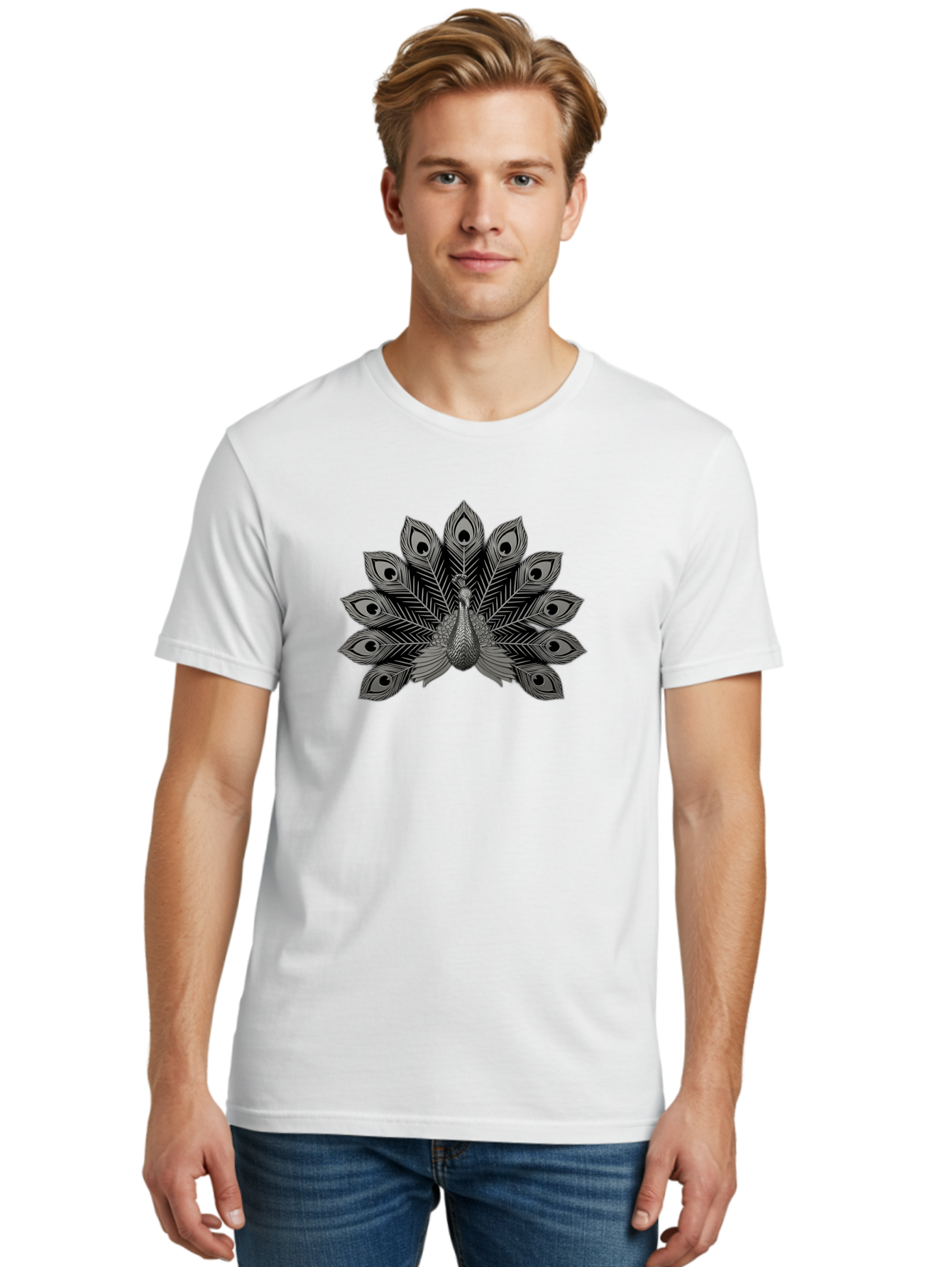 Peacock-33 Men'S Graphic Tee, 100% Cotton, Comfortable Casual Summer Wear, Machine Washable, Peacock With Spread Feathers, Black And White Illustration, Detailed Design, Bird With Eyespots, Artistic Depiction, Feather Pattern, Decorative Art Bab096