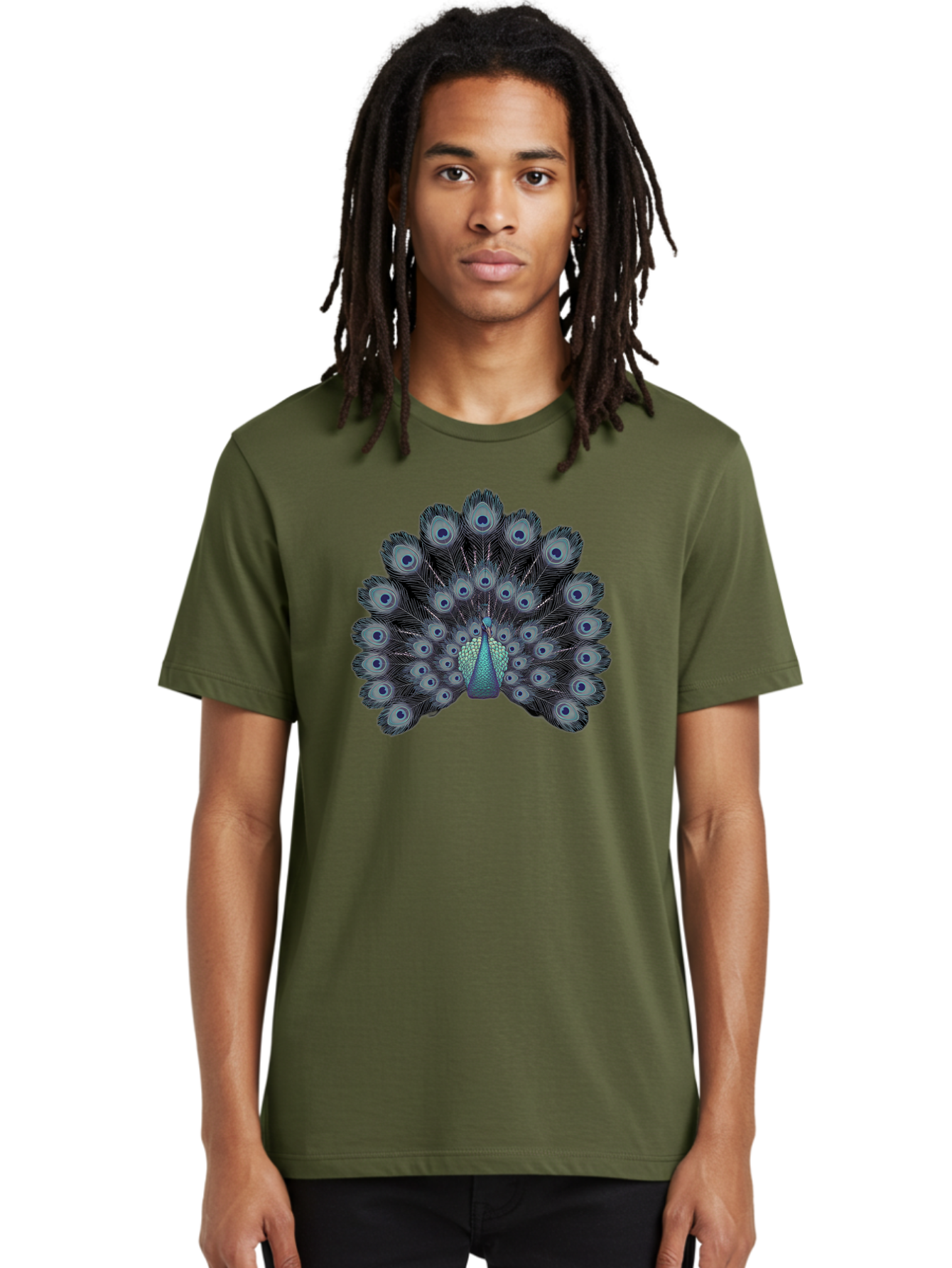 Peacock-5 Men'S Graphic Tee, 100% Cotton, Comfortable Casual Summer Wear, Machine Washable, Peacock, Blue Feathers, Feathers Spread, Bird Display, Eye-Catching, Iridescent, Blue Eyes, Feathered Friend, Nature'S Beauty, Majestic Bird Bab099