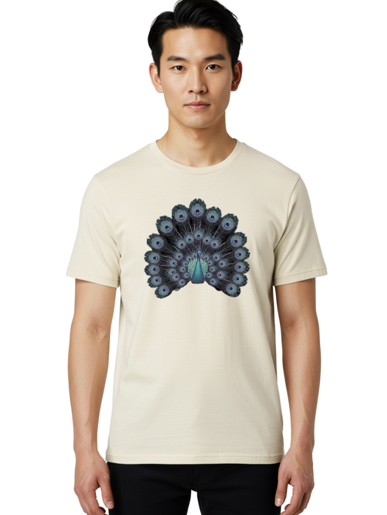 Peacock-5 Men'S Graphic Tee, 100% Cotton, Comfortable Casual Summer Wear, Machine Washable, Peacock, Blue Feathers, Feathers Spread, Bird Display, Eye-Catching, Iridescent, Blue Eyes, Feathered Friend, Nature'S Beauty, Majestic Bird Bab099