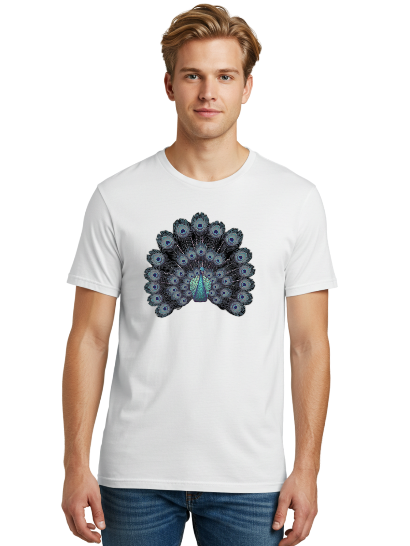 Peacock-5 Men'S Graphic Tee, 100% Cotton, Comfortable Casual Summer Wear, Machine Washable, Peacock, Blue Feathers, Feathers Spread, Bird Display, Eye-Catching, Iridescent, Blue Eyes, Feathered Friend, Nature'S Beauty, Majestic Bird Bab099