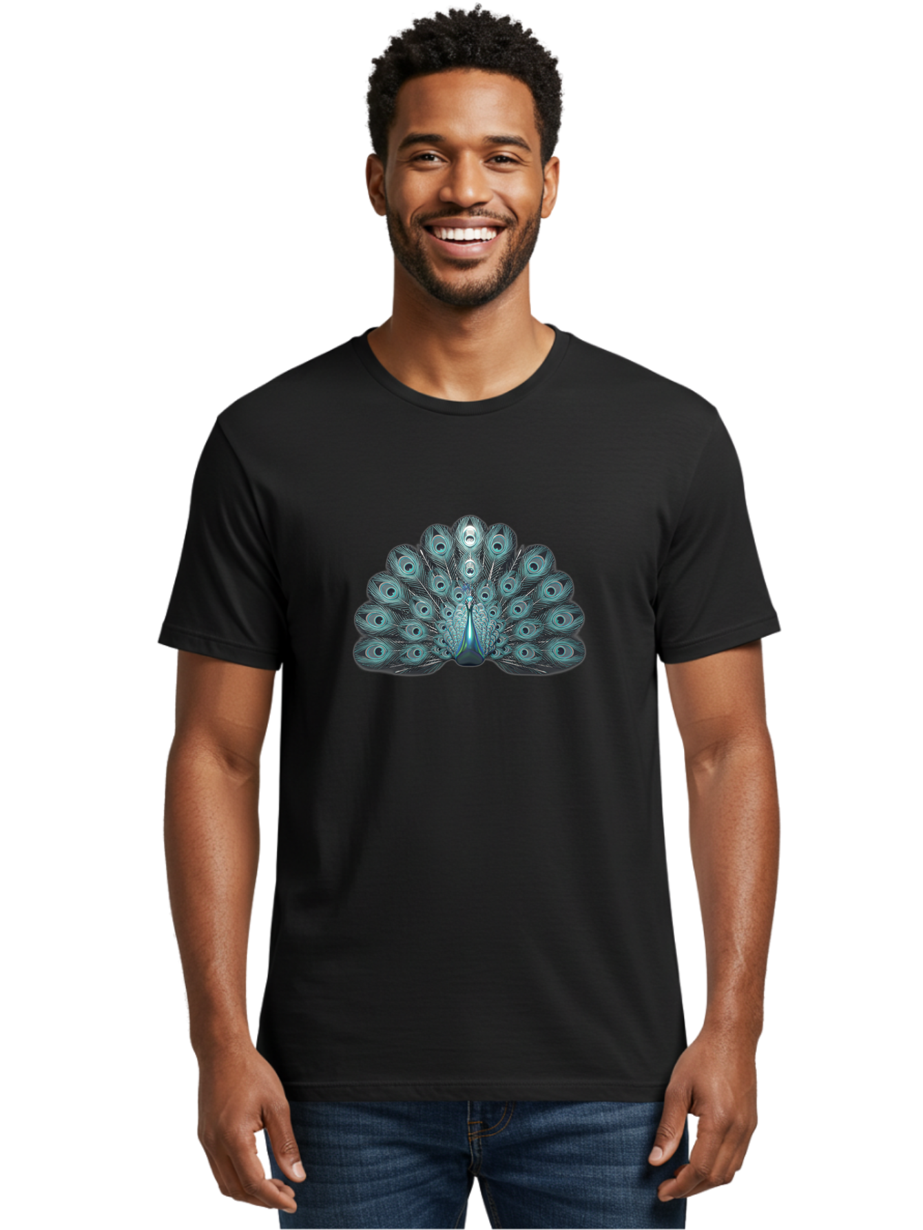 Peacock-6 Men'S Graphic Tee, 100% Cotton, Comfortable Casual Summer Wear, Machine Washable, Peacock, Blue Feathers, Eye Spots, Vibrant Colors, Majestic Bird, Feathered Creature, Ornate Plumage, Wildlife, Exotic Animal, Birdwatching, Bab100