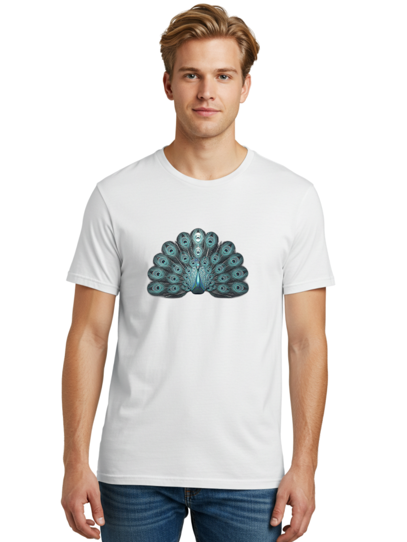 Peacock-6 Men'S Graphic Tee, 100% Cotton, Comfortable Casual Summer Wear, Machine Washable, Peacock, Blue Feathers, Eye Spots, Vibrant Colors, Majestic Bird, Feathered Creature, Ornate Plumage, Wildlife, Exotic Animal, Birdwatching, Bab100