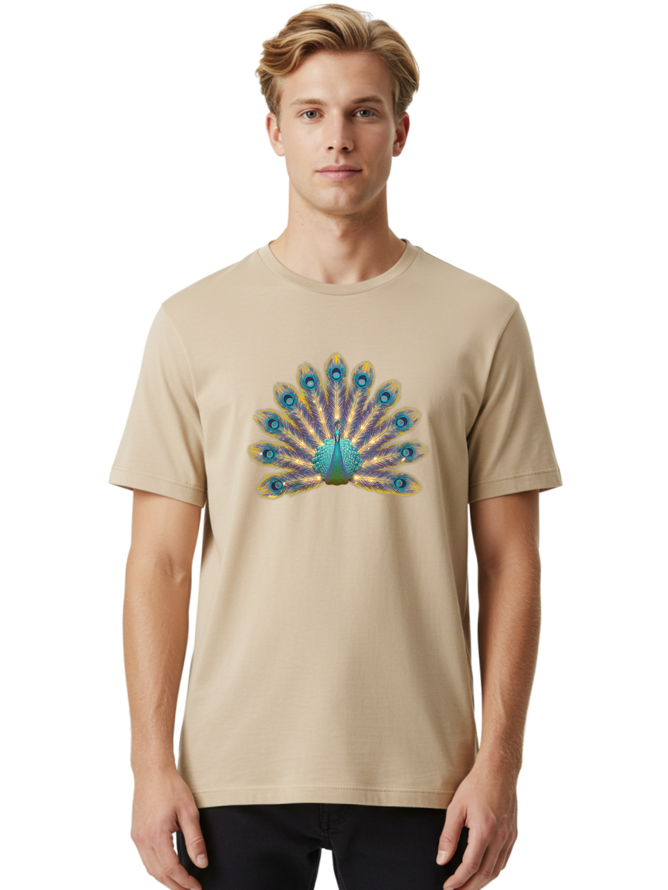 Peacock-7 Men'S Graphic Tee, 100% Cotton, Comfortable Casual Summer Wear, Machine Washable, Vibrant Feathers, Blue And Yellow Plumage, Iridescent Colors, Intricate Patterns, Majestic Bird, Courtship Display, Exotic Wildlife, Bab101