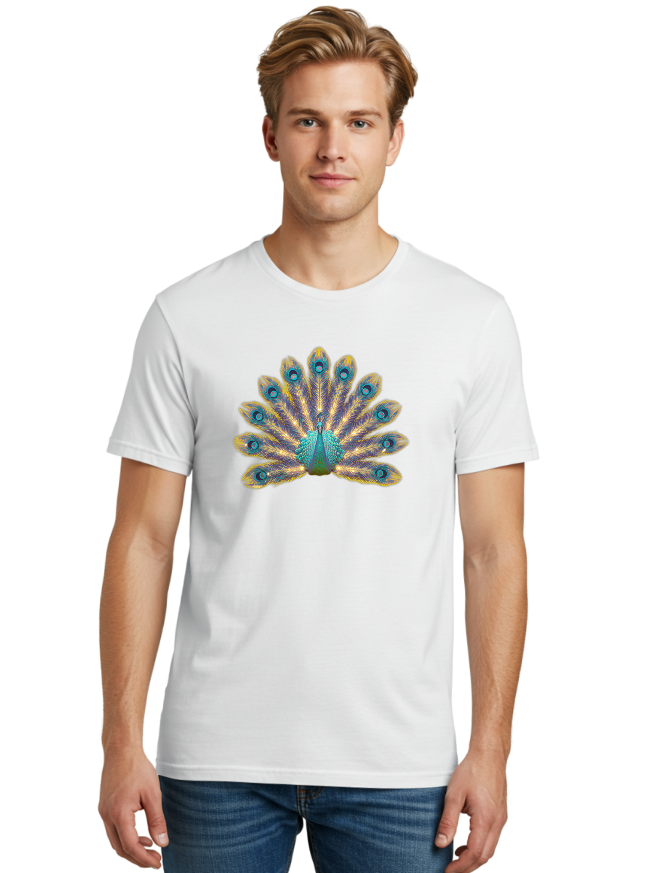 Peacock-7 Men'S Graphic Tee, 100% Cotton, Comfortable Casual Summer Wear, Machine Washable, Vibrant Feathers, Blue And Yellow Plumage, Iridescent Colors, Intricate Patterns, Majestic Bird, Courtship Display, Exotic Wildlife, Bab101