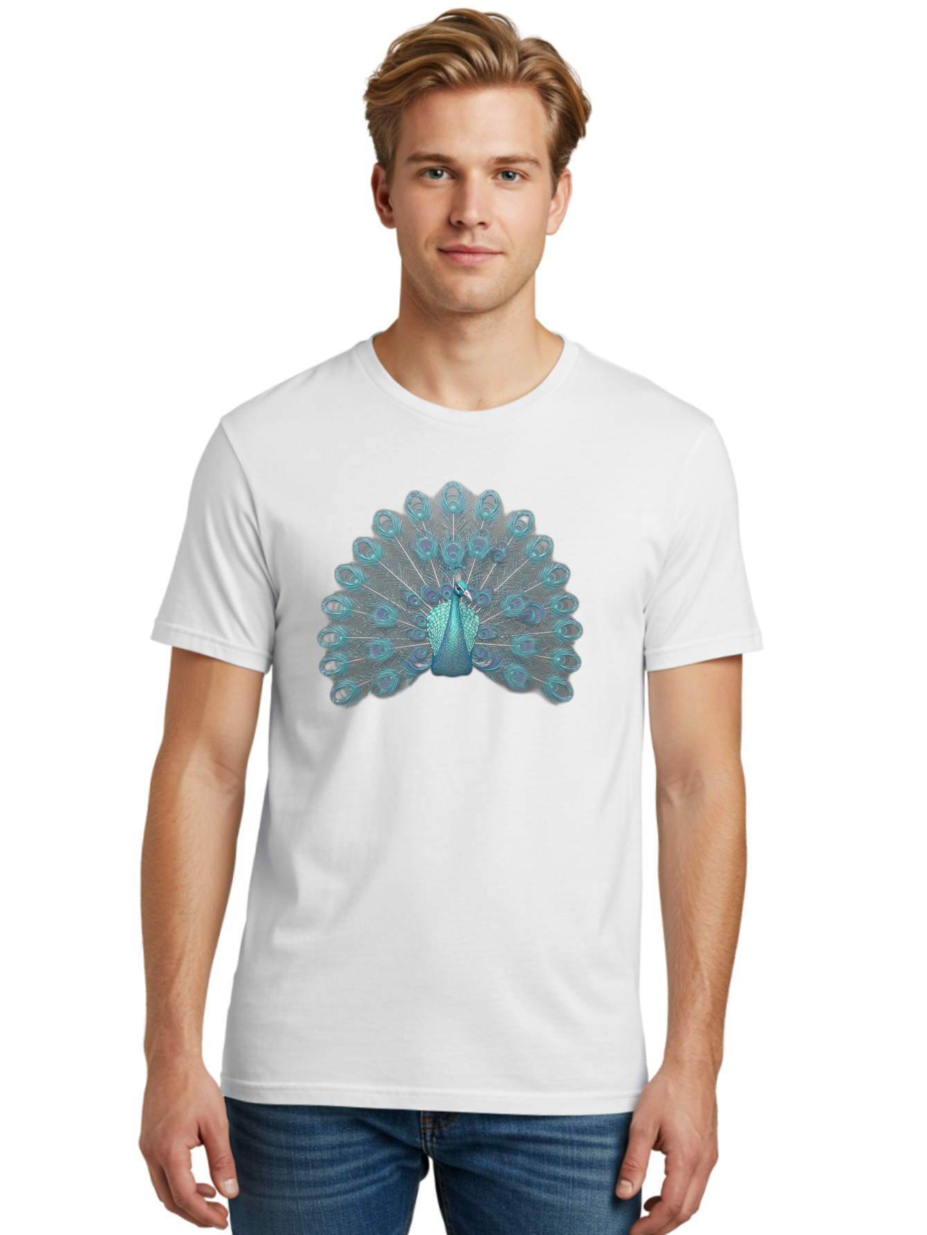 Peacock-8 Men'S Graphic Tee, 100% Cotton, Comfortable Casual Summer Wear, Machine Washable, Blue Peacock, Bird'S Plumage, Feathered Friend, Exotic Bird, Vibrant Colors, Eye-Catching Pattern, Wildlife Photography, Blue Feathers Bab102