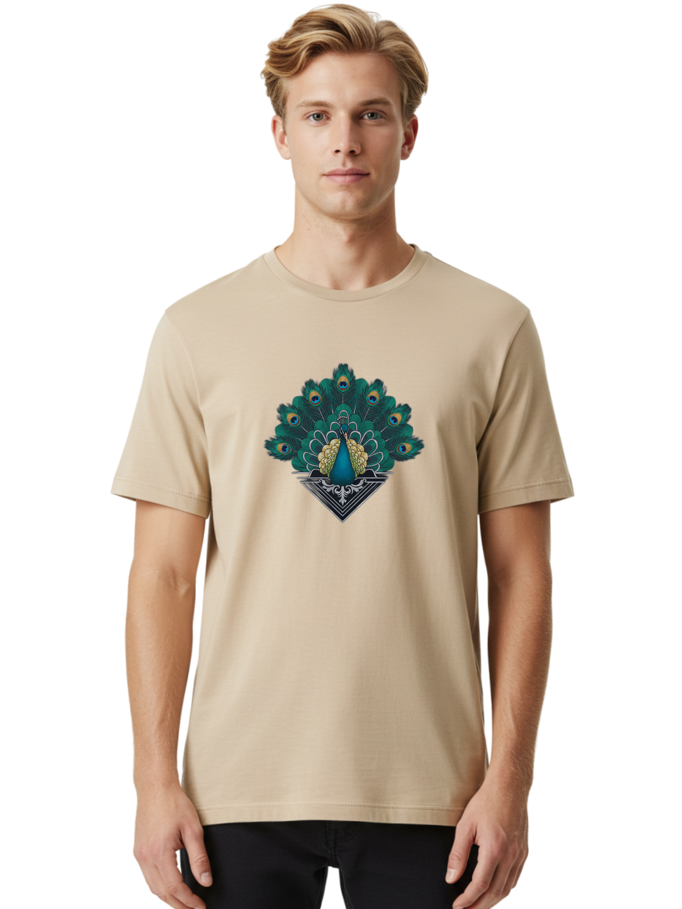 Peacock-Design Men'S Graphic Tee, 100% Cotton, Comfortable Casual Summer Wear, Machine Washable, Peacock, Vibrant Plumage, Blue And Gold Feathers, Ornate Design, Majestic Bird, Display Of Feathers, Symbolic Beauty, Elegant Pattern Bab104