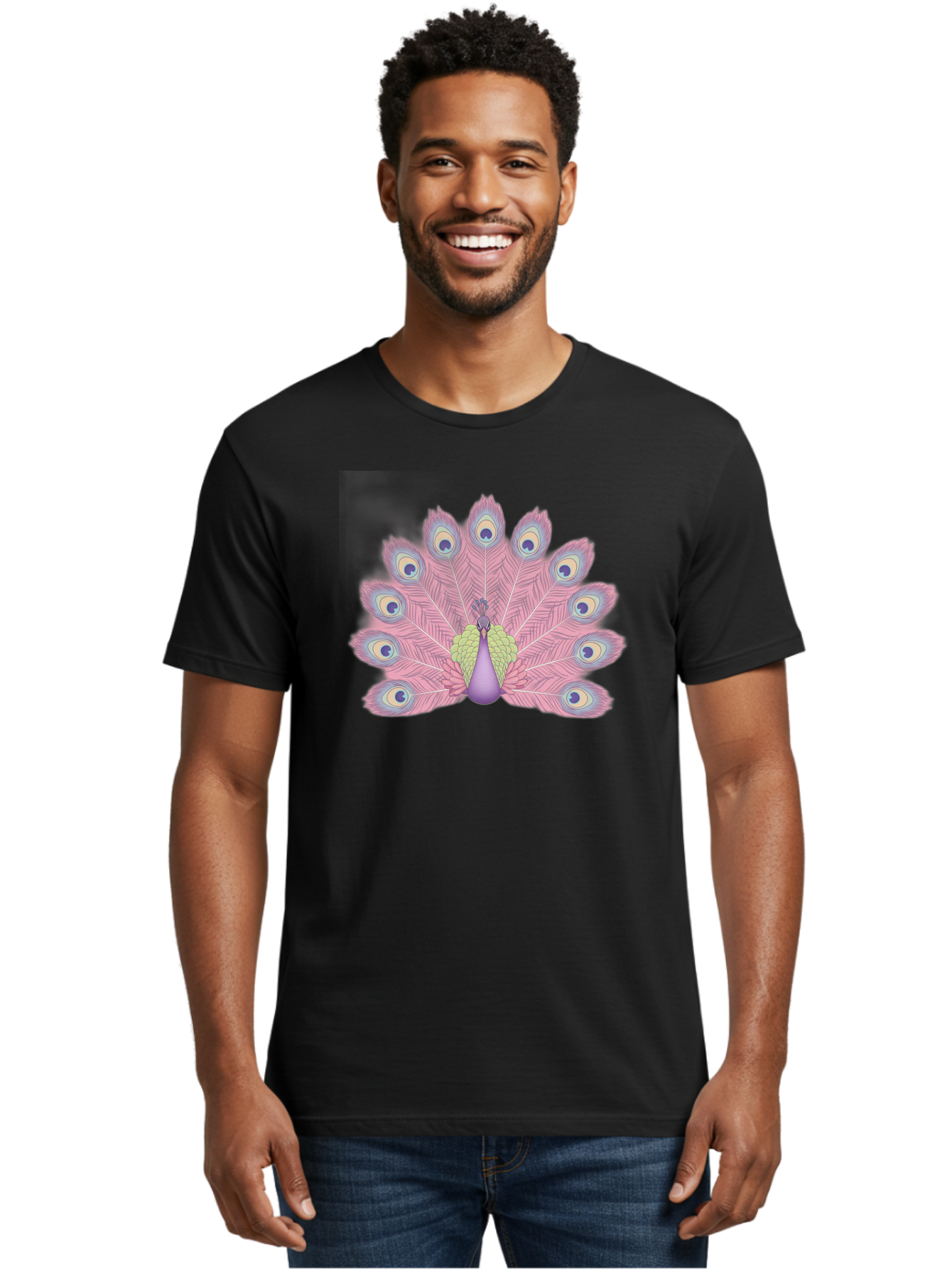 Peacock-Display-1 Men'S Graphic Tee, 100% Cotton, Comfortable Casual Summer Wear, Machine Washable, Peacock With Full Plumage, Vibrant Feathers, Pink And Purple Hues, Green And Blue Accents, Eye-Catching Display, Majestic Bird, Bab105
