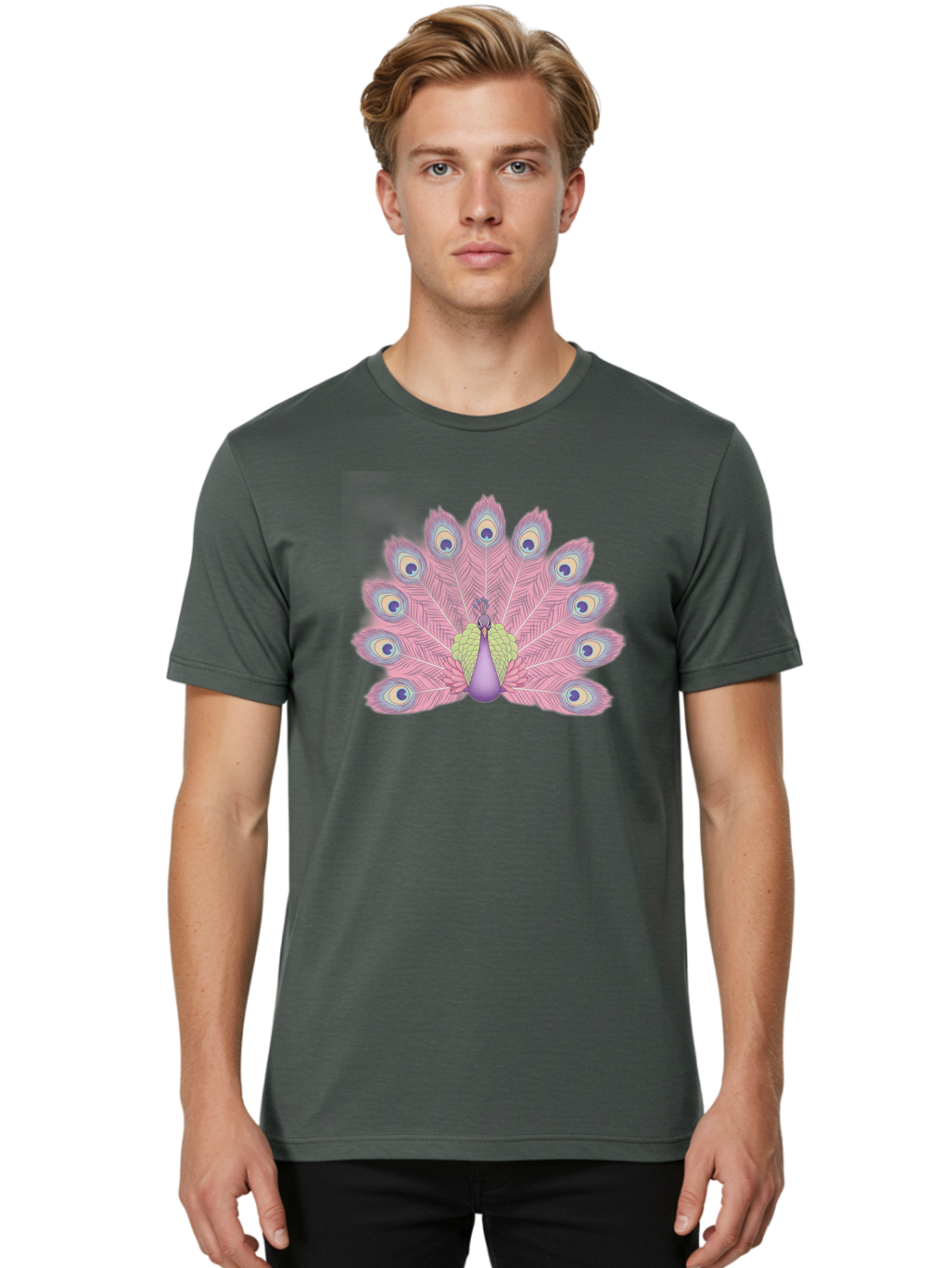 Peacock-Display-1 Men'S Graphic Tee, 100% Cotton, Comfortable Casual Summer Wear, Machine Washable, Peacock With Full Plumage, Vibrant Feathers, Pink And Purple Hues, Green And Blue Accents, Eye-Catching Display, Majestic Bird, Bab105
