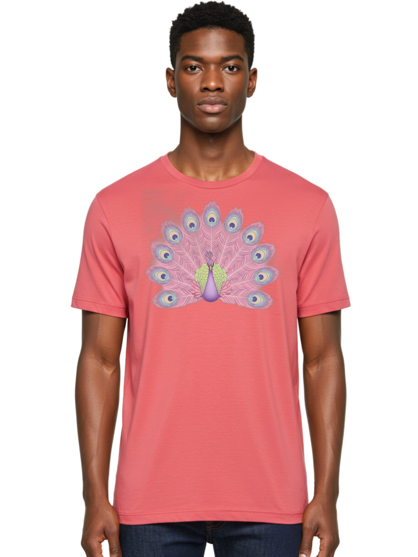 Peacock-Display-1 Men'S Graphic Tee, 100% Cotton, Comfortable Casual Summer Wear, Machine Washable, Peacock With Full Plumage, Vibrant Feathers, Pink And Purple Hues, Green And Blue Accents, Eye-Catching Display, Majestic Bird, Bab105
