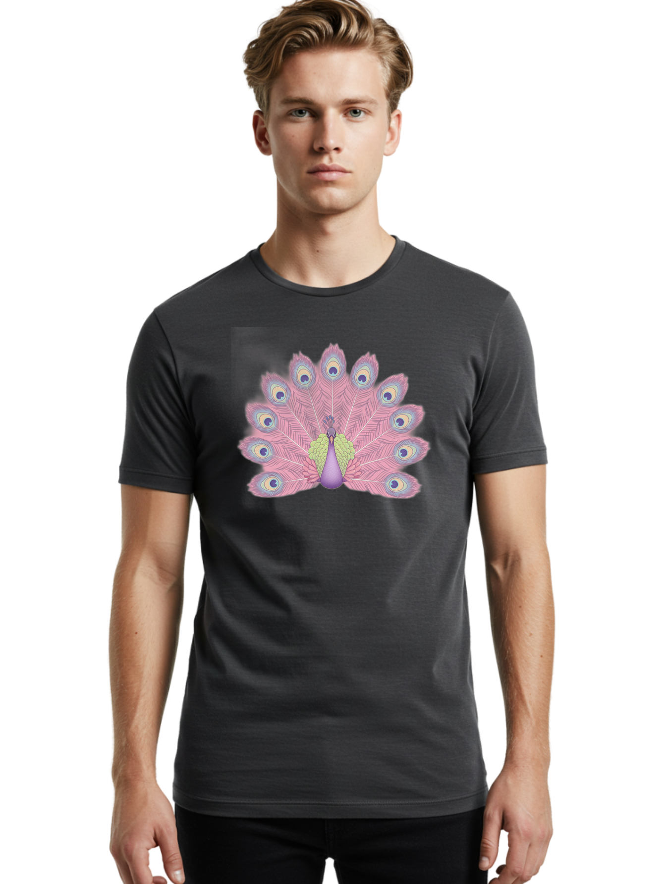 Peacock-Display-1 Men'S Graphic Tee, 100% Cotton, Comfortable Casual Summer Wear, Machine Washable, Peacock With Full Plumage, Vibrant Feathers, Pink And Purple Hues, Green And Blue Accents, Eye-Catching Display, Majestic Bird, Bab105