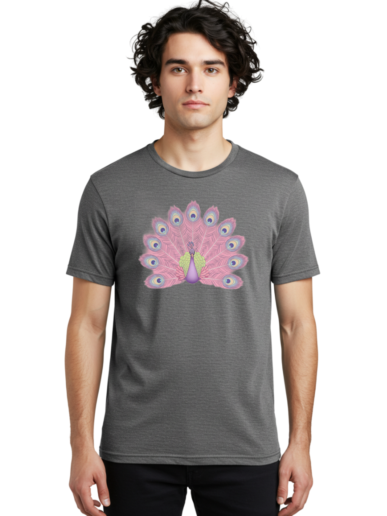 Peacock-Display-1 Men'S Graphic Tee, 100% Cotton, Comfortable Casual Summer Wear, Machine Washable, Peacock With Full Plumage, Vibrant Feathers, Pink And Purple Hues, Green And Blue Accents, Eye-Catching Display, Majestic Bird, Bab105