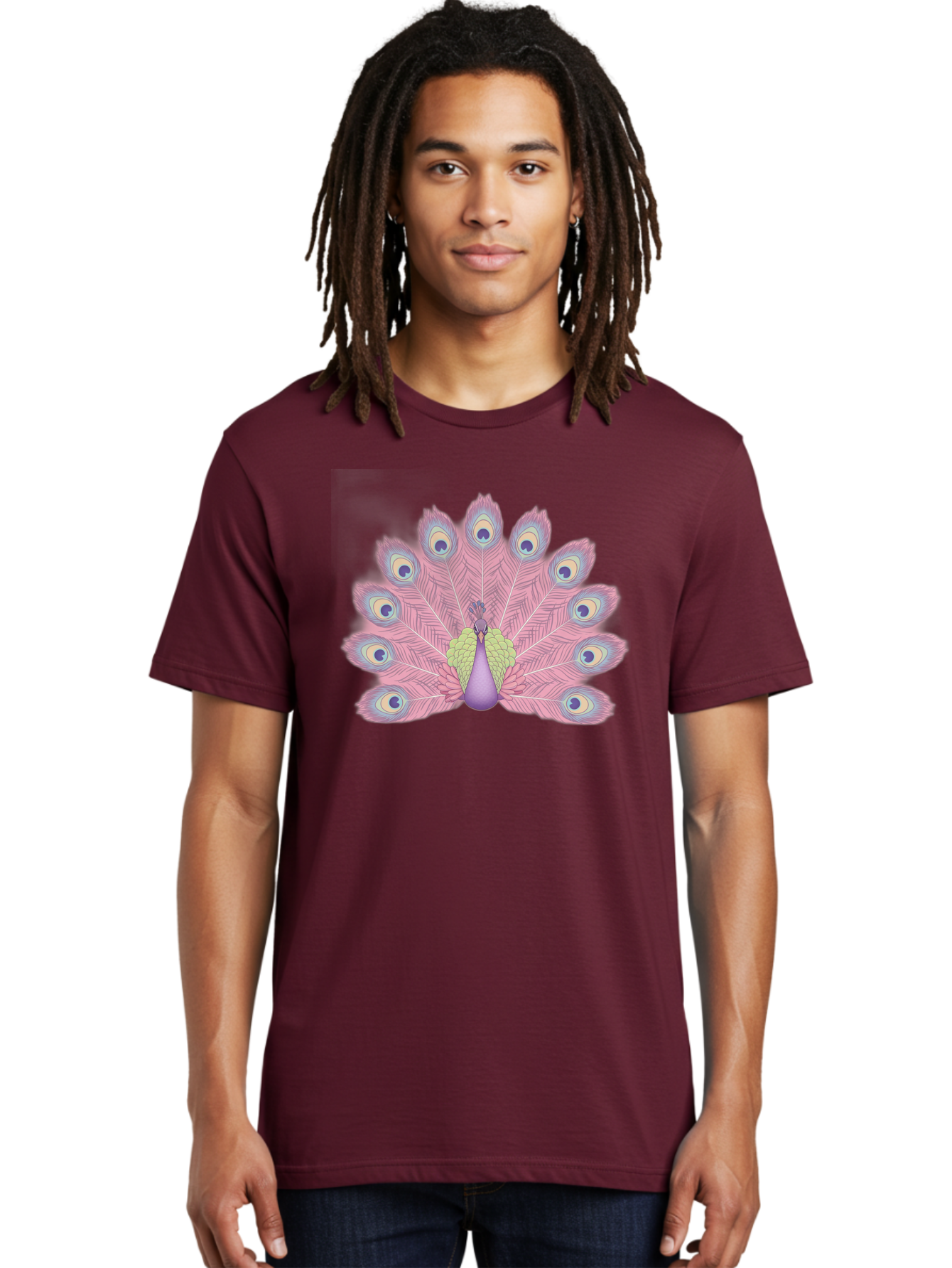 Peacock-Display-1 Men'S Graphic Tee, 100% Cotton, Comfortable Casual Summer Wear, Machine Washable, Peacock With Full Plumage, Vibrant Feathers, Pink And Purple Hues, Green And Blue Accents, Eye-Catching Display, Majestic Bird, Bab105
