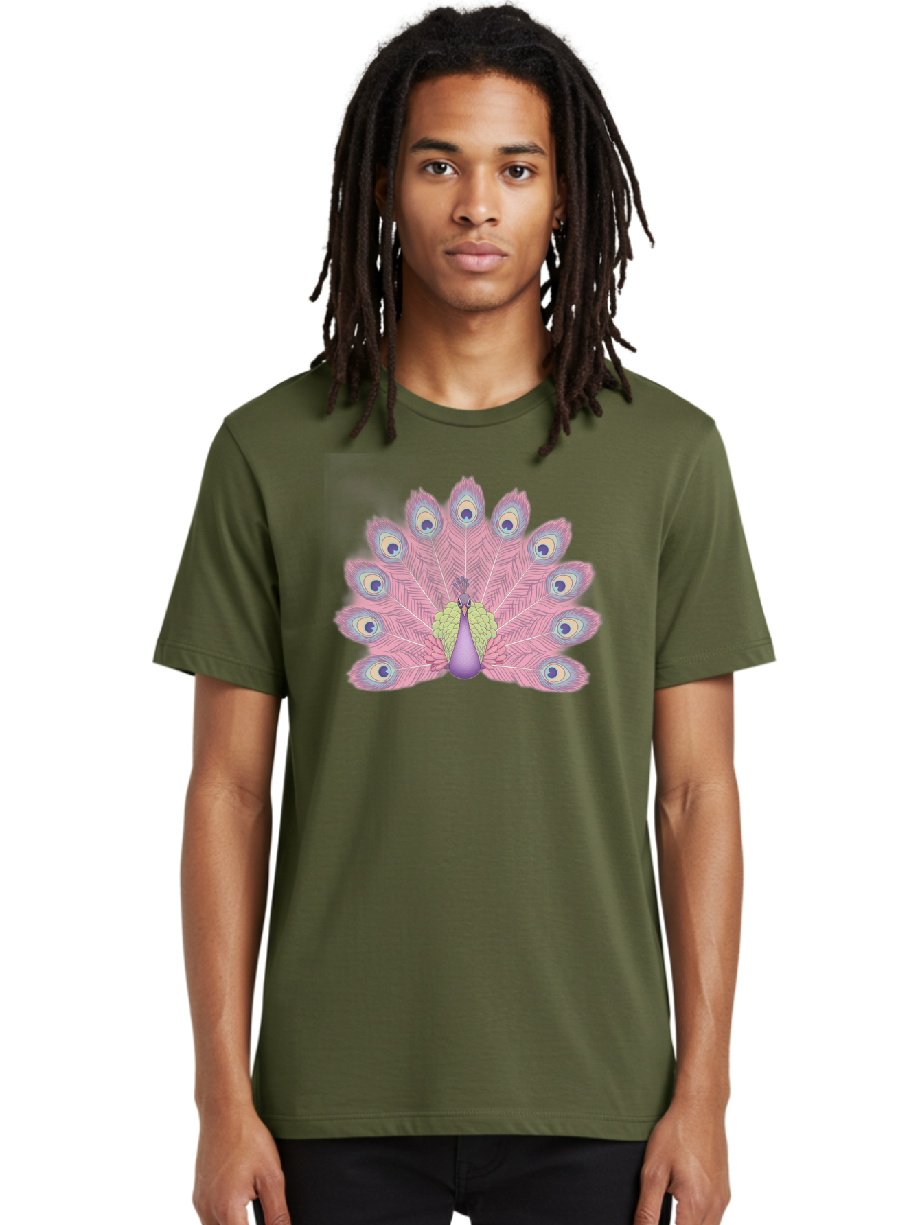 Peacock-Display-1 Men'S Graphic Tee, 100% Cotton, Comfortable Casual Summer Wear, Machine Washable, Peacock With Full Plumage, Vibrant Feathers, Pink And Purple Hues, Green And Blue Accents, Eye-Catching Display, Majestic Bird, Bab105