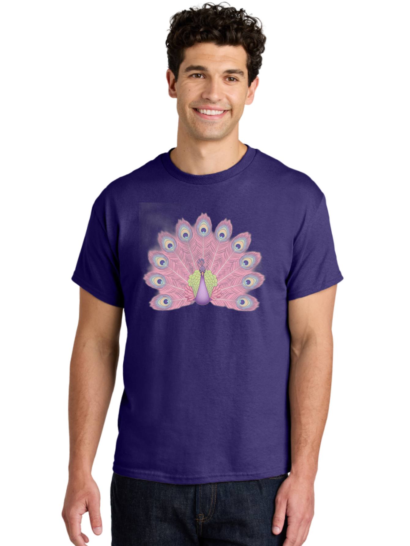 Peacock-Display-1 Men'S Graphic Tee, 100% Cotton, Comfortable Casual Summer Wear, Machine Washable, Peacock With Full Plumage, Vibrant Feathers, Pink And Purple Hues, Green And Blue Accents, Eye-Catching Display, Majestic Bird, Bab105