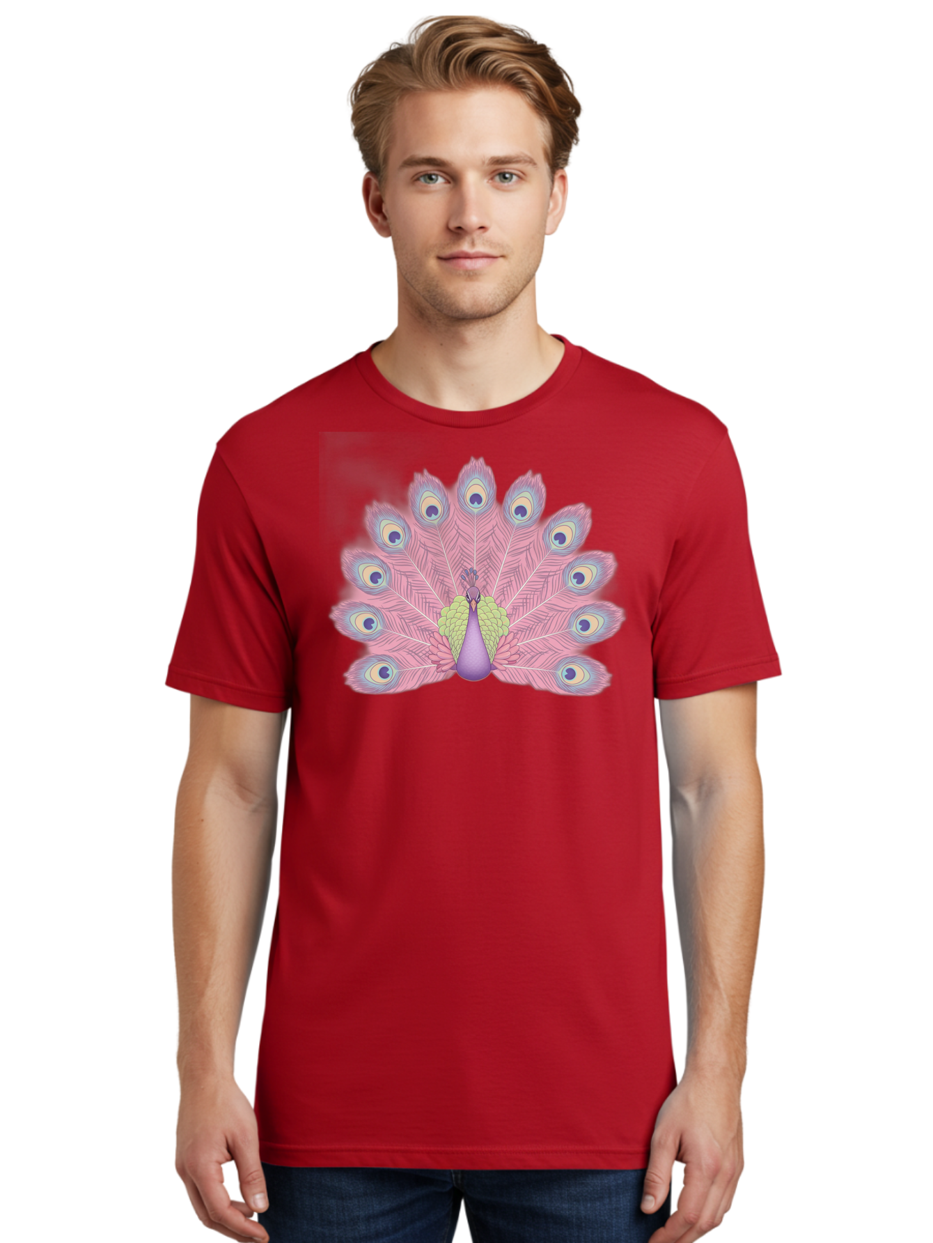 Peacock-Display-1 Men'S Graphic Tee, 100% Cotton, Comfortable Casual Summer Wear, Machine Washable, Peacock With Full Plumage, Vibrant Feathers, Pink And Purple Hues, Green And Blue Accents, Eye-Catching Display, Majestic Bird, Bab105