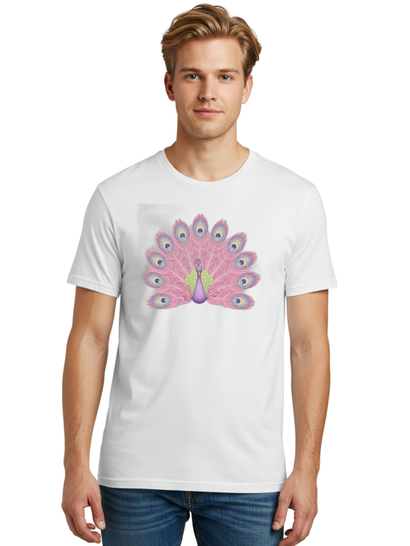 Peacock-Display-1 Men'S Graphic Tee, 100% Cotton, Comfortable Casual Summer Wear, Machine Washable, Peacock With Full Plumage, Vibrant Feathers, Pink And Purple Hues, Green And Blue Accents, Eye-Catching Display, Majestic Bird, Bab105