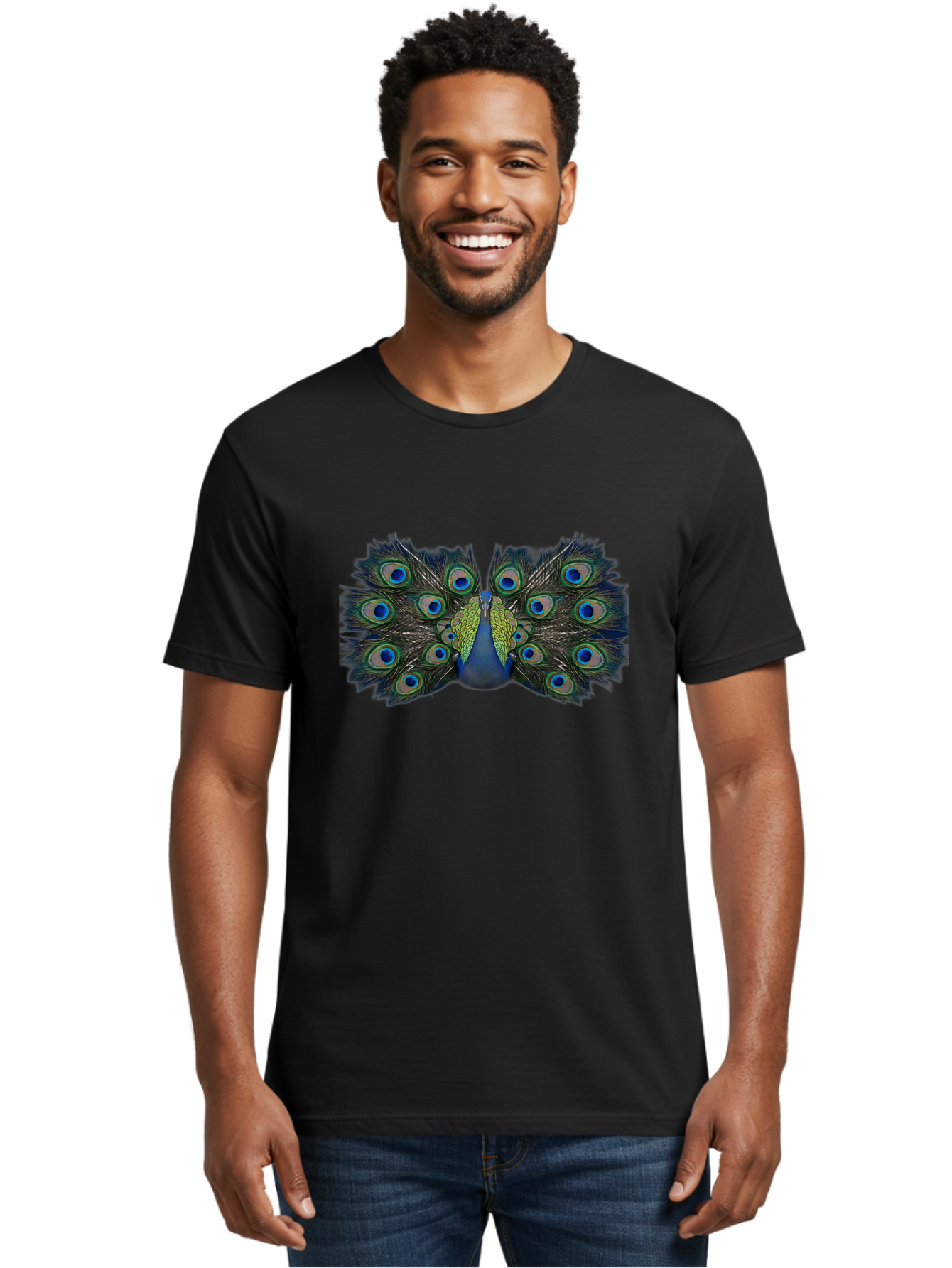 Peacock-Display Men'S Graphic Tee, 100% Cotton, Comfortable Casual Summer Wear, Machine Washable, Peacock, Vibrant Plumage, Blue And Green Feathers, Eye-Catching, Majestic Bird, Colorful Display, Intricate Patterns, Bird Of Paradise, Bab106