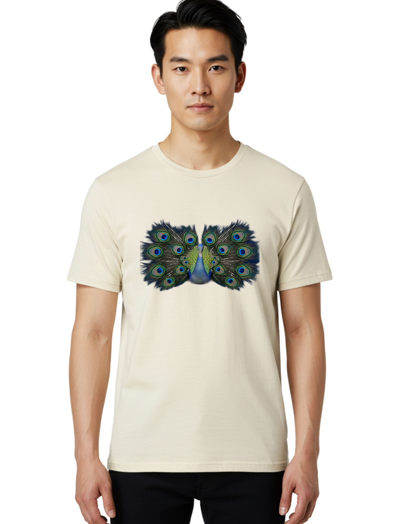 Peacock-Display Men'S Graphic Tee, 100% Cotton, Comfortable Casual Summer Wear, Machine Washable, Peacock, Vibrant Plumage, Blue And Green Feathers, Eye-Catching, Majestic Bird, Colorful Display, Intricate Patterns, Bird Of Paradise, Bab106