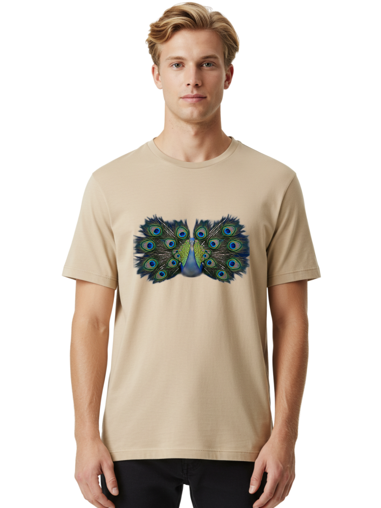 Peacock-Display Men'S Graphic Tee, 100% Cotton, Comfortable Casual Summer Wear, Machine Washable, Peacock, Vibrant Plumage, Blue And Green Feathers, Eye-Catching, Majestic Bird, Colorful Display, Intricate Patterns, Bird Of Paradise, Bab106