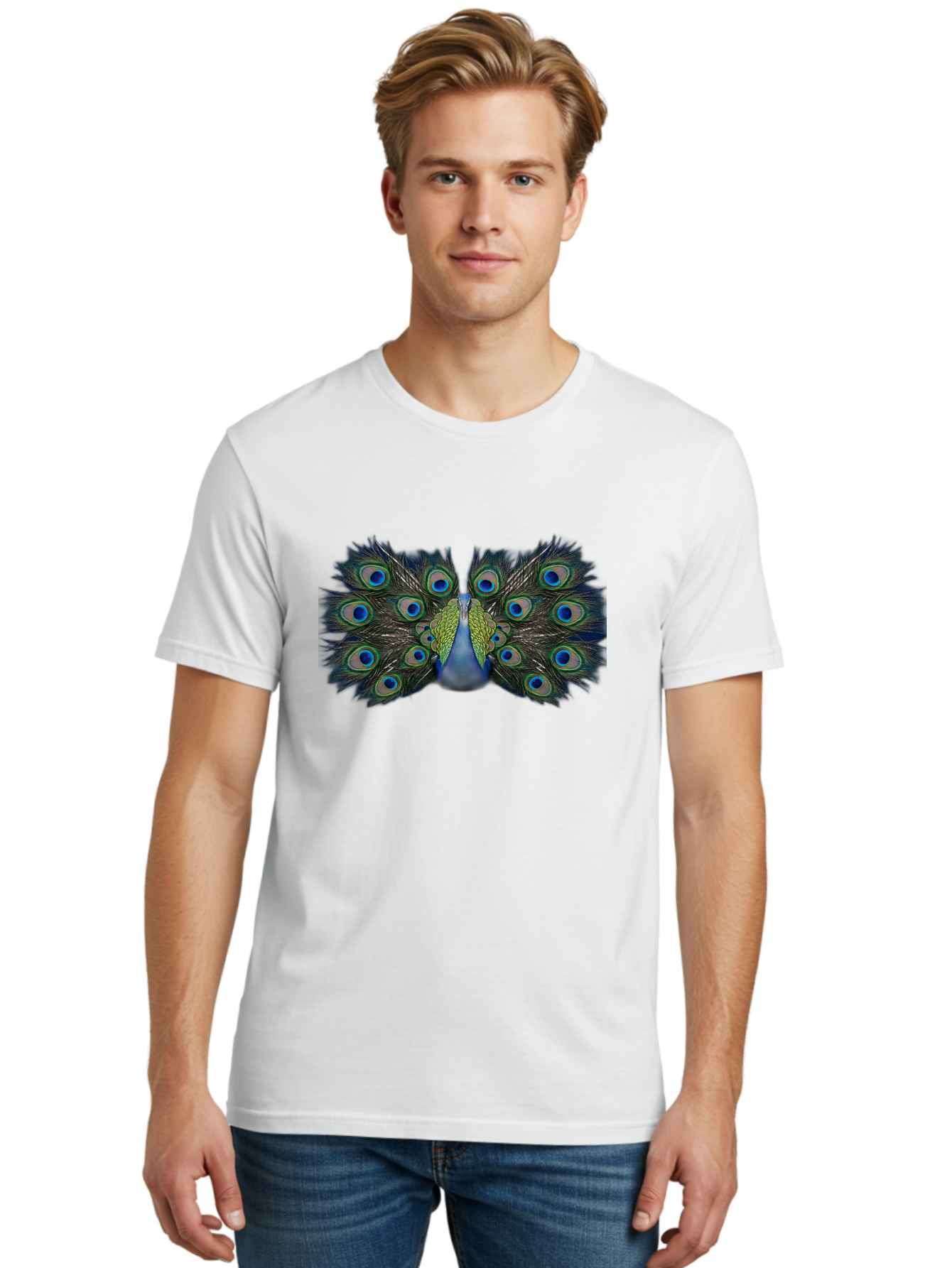 Peacock-Display Men'S Graphic Tee, 100% Cotton, Comfortable Casual Summer Wear, Machine Washable, Peacock, Vibrant Plumage, Blue And Green Feathers, Eye-Catching, Majestic Bird, Colorful Display, Intricate Patterns, Bird Of Paradise, Bab106