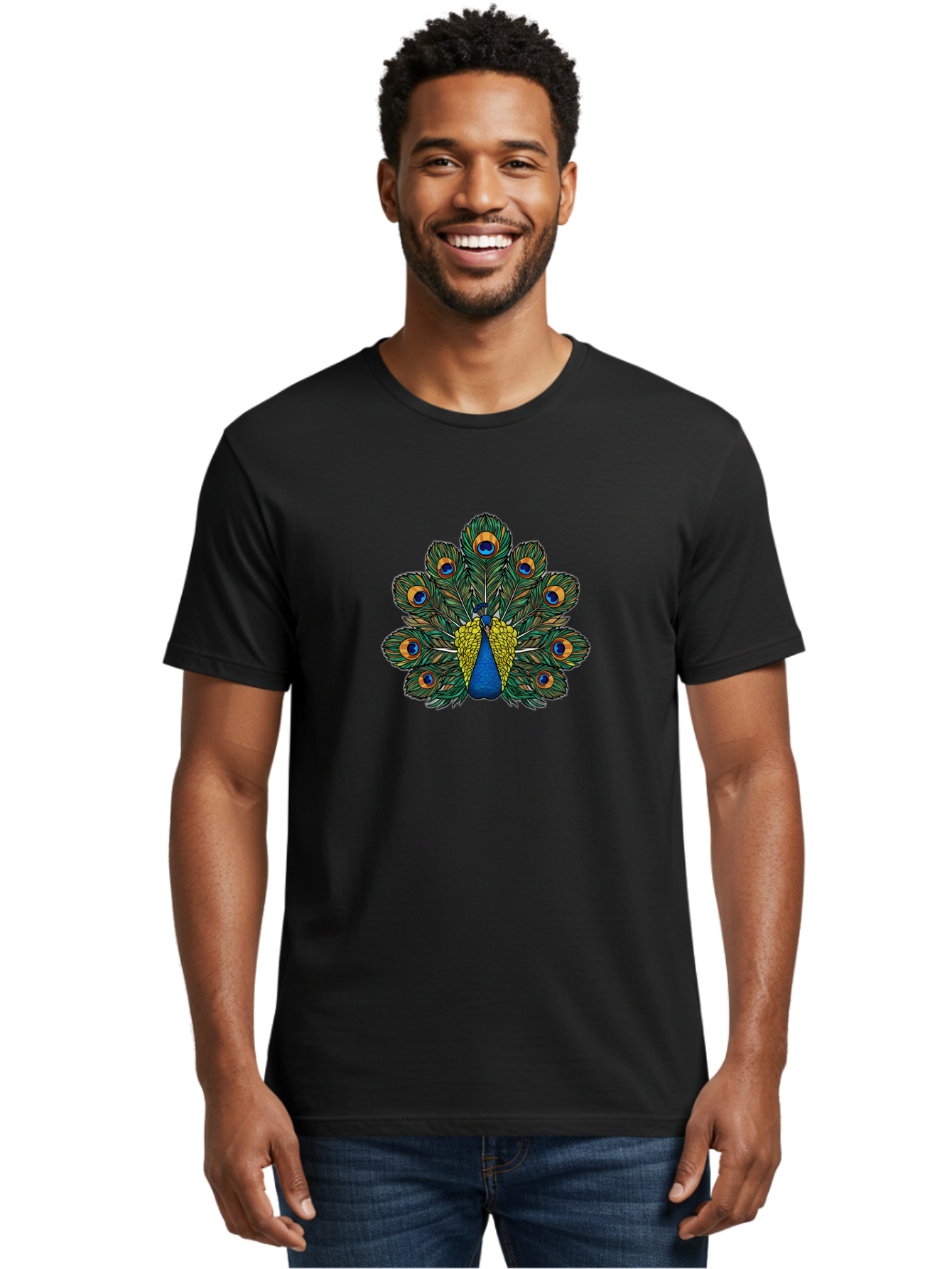 Peacock-Feather-1 Men'S Graphic Tee, 100% Cotton, Comfortable Casual Summer Wear, Machine Washable, Peacock Spreading Its Feathers, Vibrant Plumage, Blue And Gold Colors, Eye-Catching Display, Majestic Bird, Colorful Illustration, Bab107