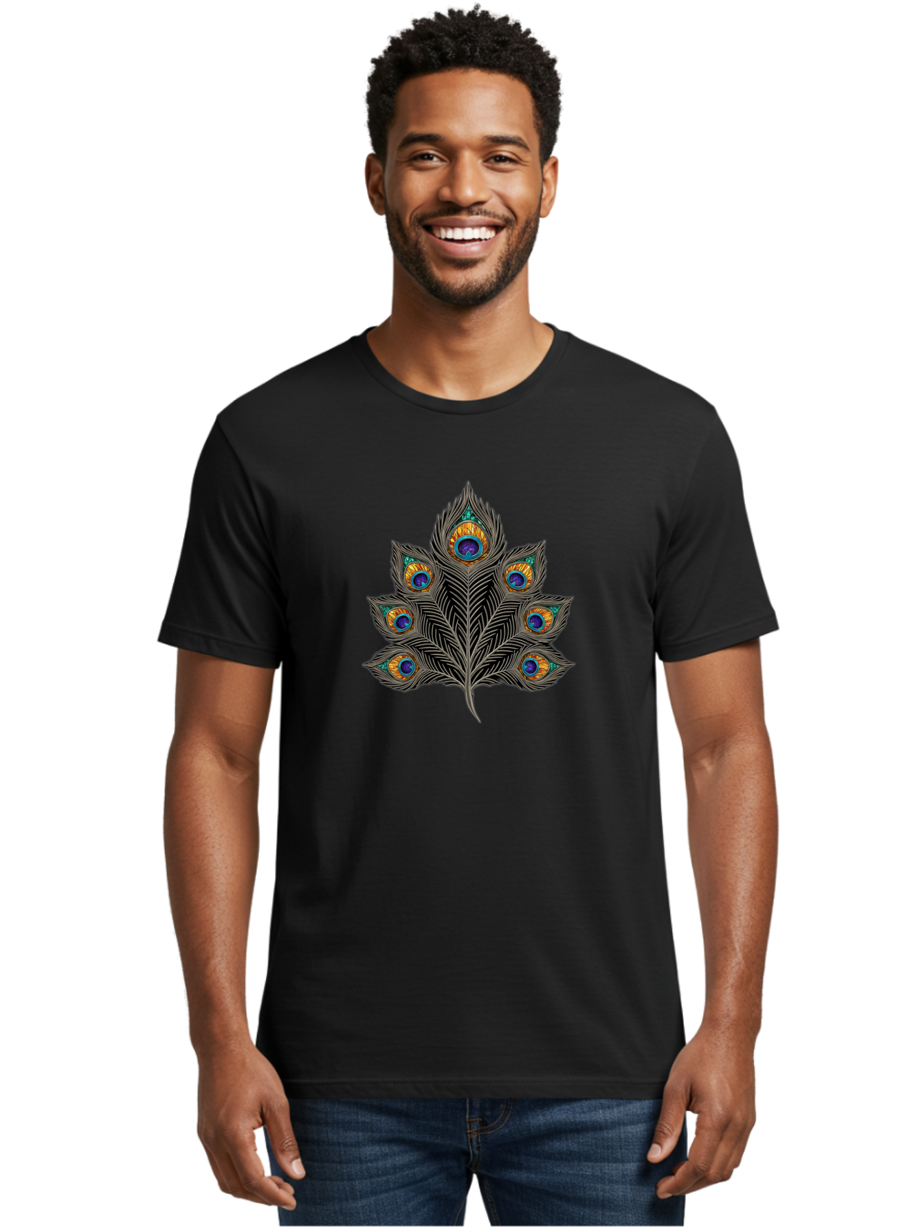 Peacock-Feather-11 Men'S Graphic Tee, 100% Cotton, Comfortable Casual Summer Wear, Machine Washable, Vibrant Peacock Feather, Colorful Plumage, Blue And Orange Eyespots, Intricate Details, Ornate Pattern, Majestic Bird, Symbolic Feather, Bab109