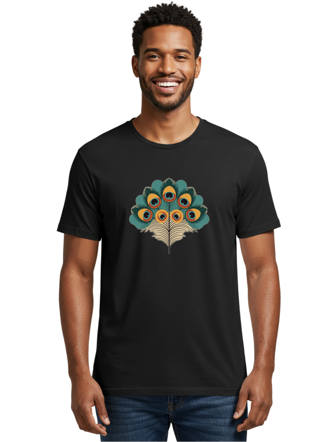 Peacock-Feather-2 Men'S Graphic Tee, 100% Cotton, Comfortable Casual Summer Wear, Machine Washable, Peacock Feather, Colorful Plumage, Vibrant Colors, Eye-Catching Design, Ornate Patterns, Exotic Beauty, Symbolic Imagery, Decorative Art Bab110