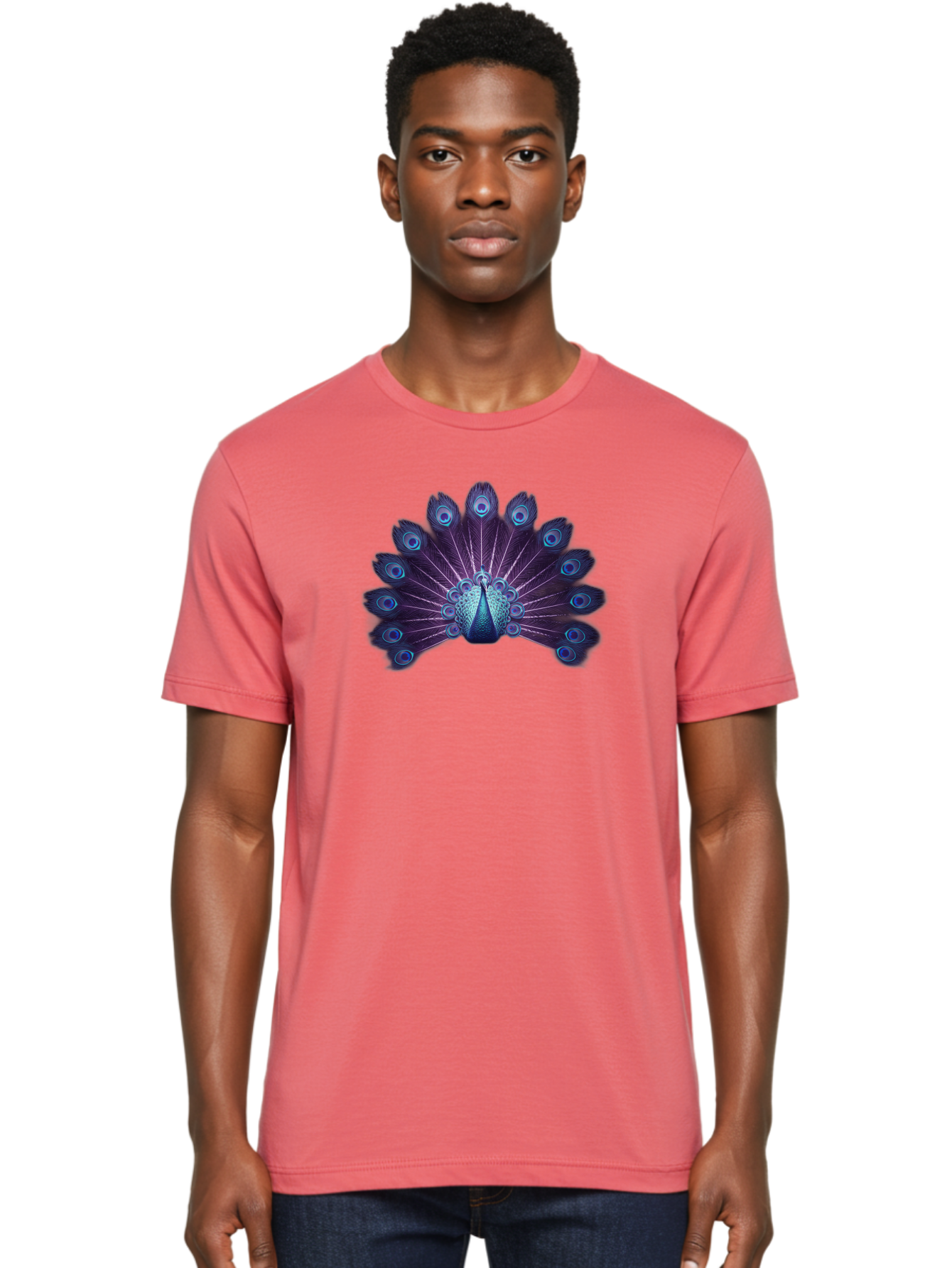 Peacock-Feather-5 Men'S Graphic Tee, 100% Cotton, Comfortable Casual Summer Wear, Machine Washable, Peacock, Tail Feathers, Vibrant Colors, Blue And Purple Hues, Eye-Catching Display, Natural Beauty, Majestic Plumage, Intricate Patterns, Bab113