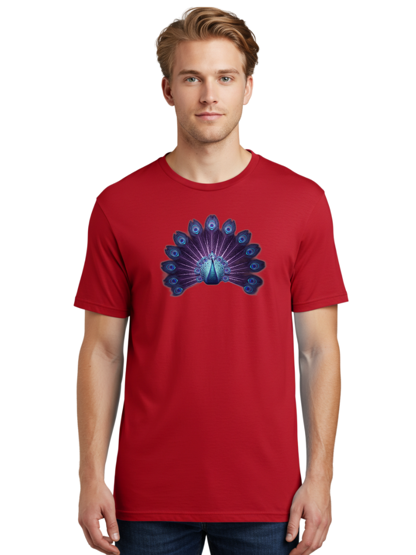 Peacock-Feather-5 Men'S Graphic Tee, 100% Cotton, Comfortable Casual Summer Wear, Machine Washable, Peacock, Tail Feathers, Vibrant Colors, Blue And Purple Hues, Eye-Catching Display, Natural Beauty, Majestic Plumage, Intricate Patterns, Bab113