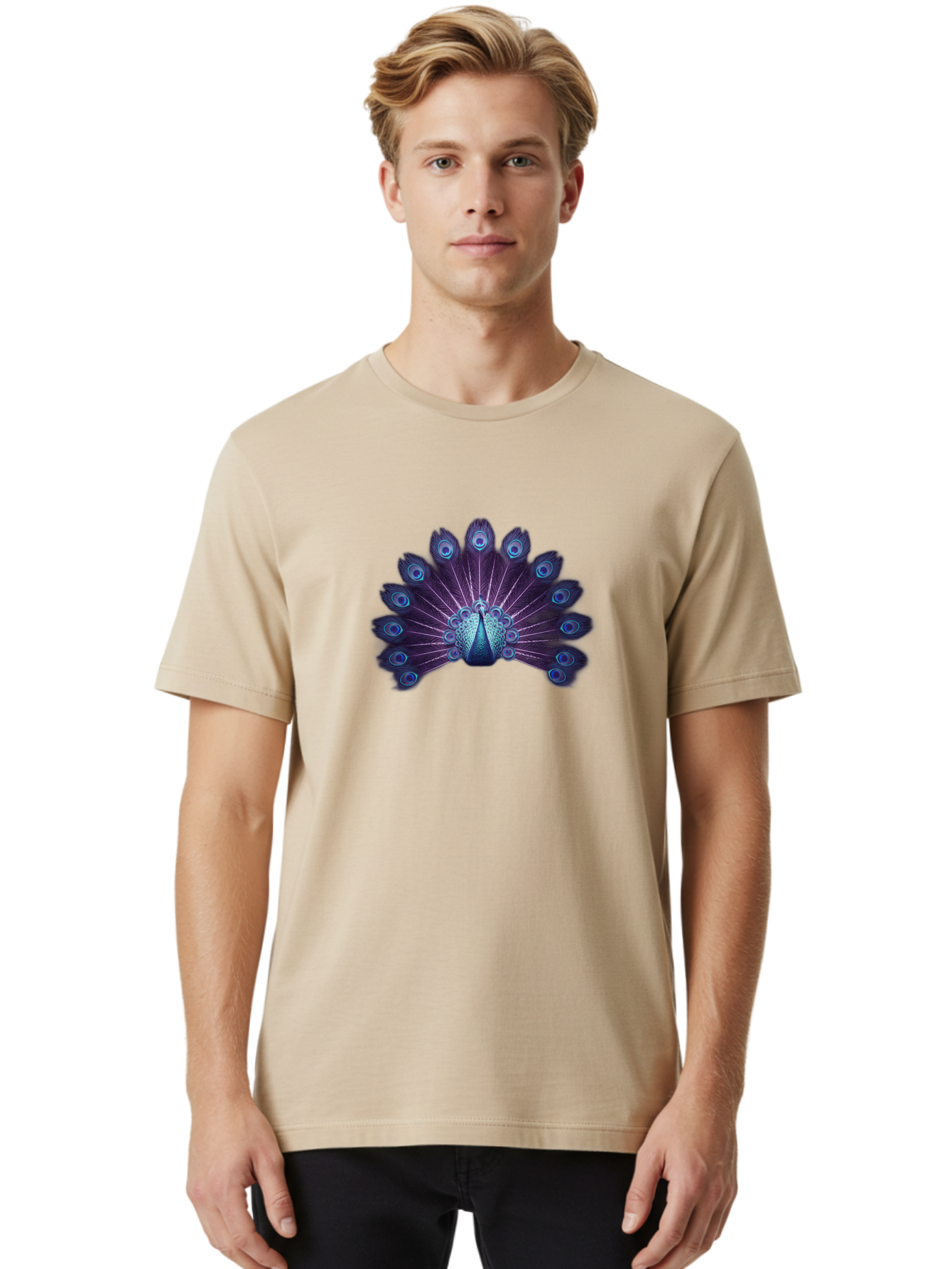 Peacock-Feather-5 Men'S Graphic Tee, 100% Cotton, Comfortable Casual Summer Wear, Machine Washable, Peacock, Tail Feathers, Vibrant Colors, Blue And Purple Hues, Eye-Catching Display, Natural Beauty, Majestic Plumage, Intricate Patterns, Bab113
