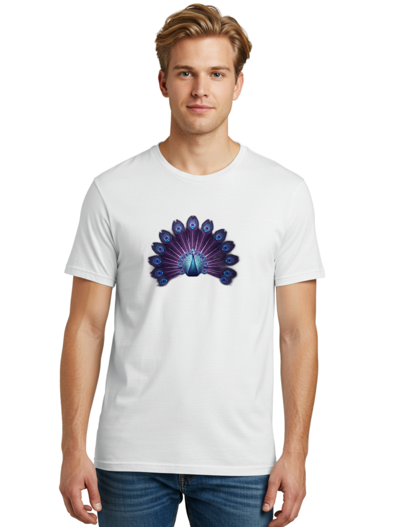 Peacock-Feather-5 Men'S Graphic Tee, 100% Cotton, Comfortable Casual Summer Wear, Machine Washable, Peacock, Tail Feathers, Vibrant Colors, Blue And Purple Hues, Eye-Catching Display, Natural Beauty, Majestic Plumage, Intricate Patterns, Bab113