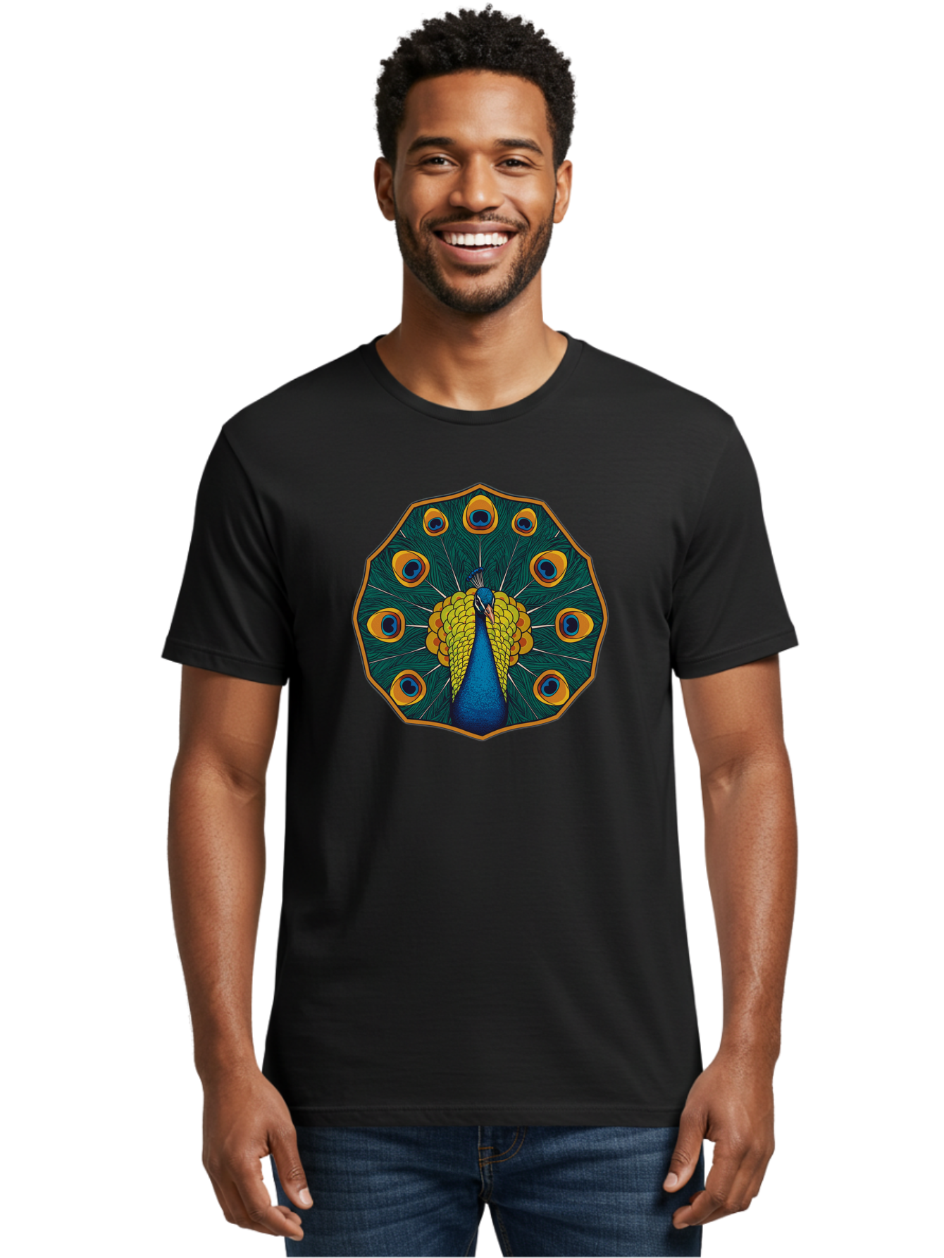 Peacock-Feather-6 Men'S Graphic Tee, 100% Cotton, Comfortable Casual Summer Wear, Machine Washable, Peacock Feather, Blue And Yellow Plumage, Vibrant Colors, Eye-Catching Pattern, Circular Design, Nature-Inspired Art, Bird Motif, Bab114